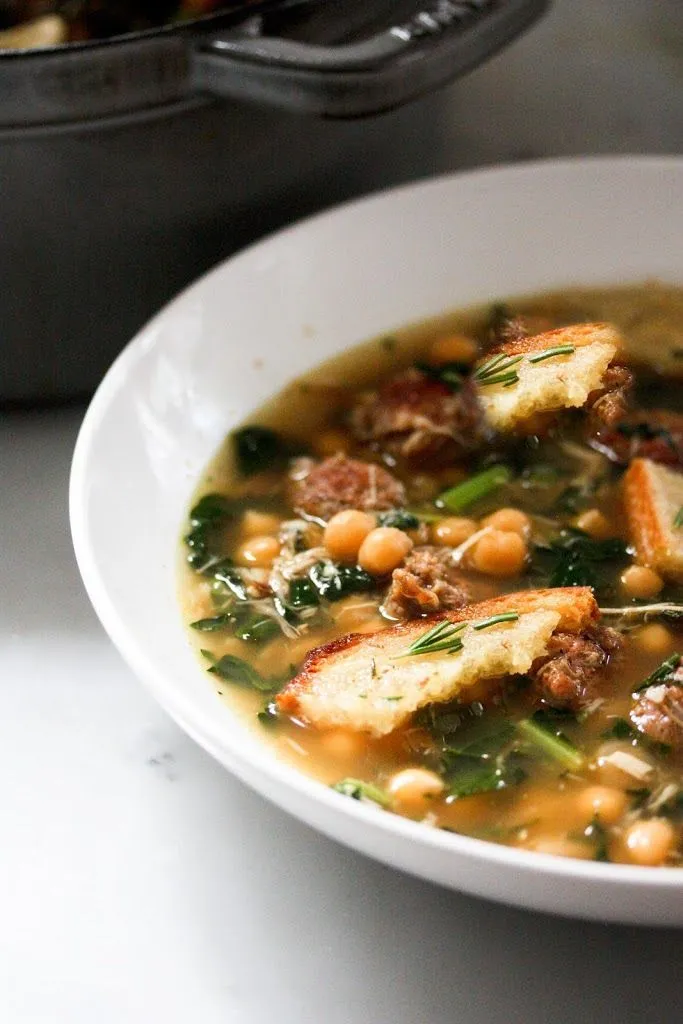 Kale Chickpea and Chicken Soup with Rosemary Croutons