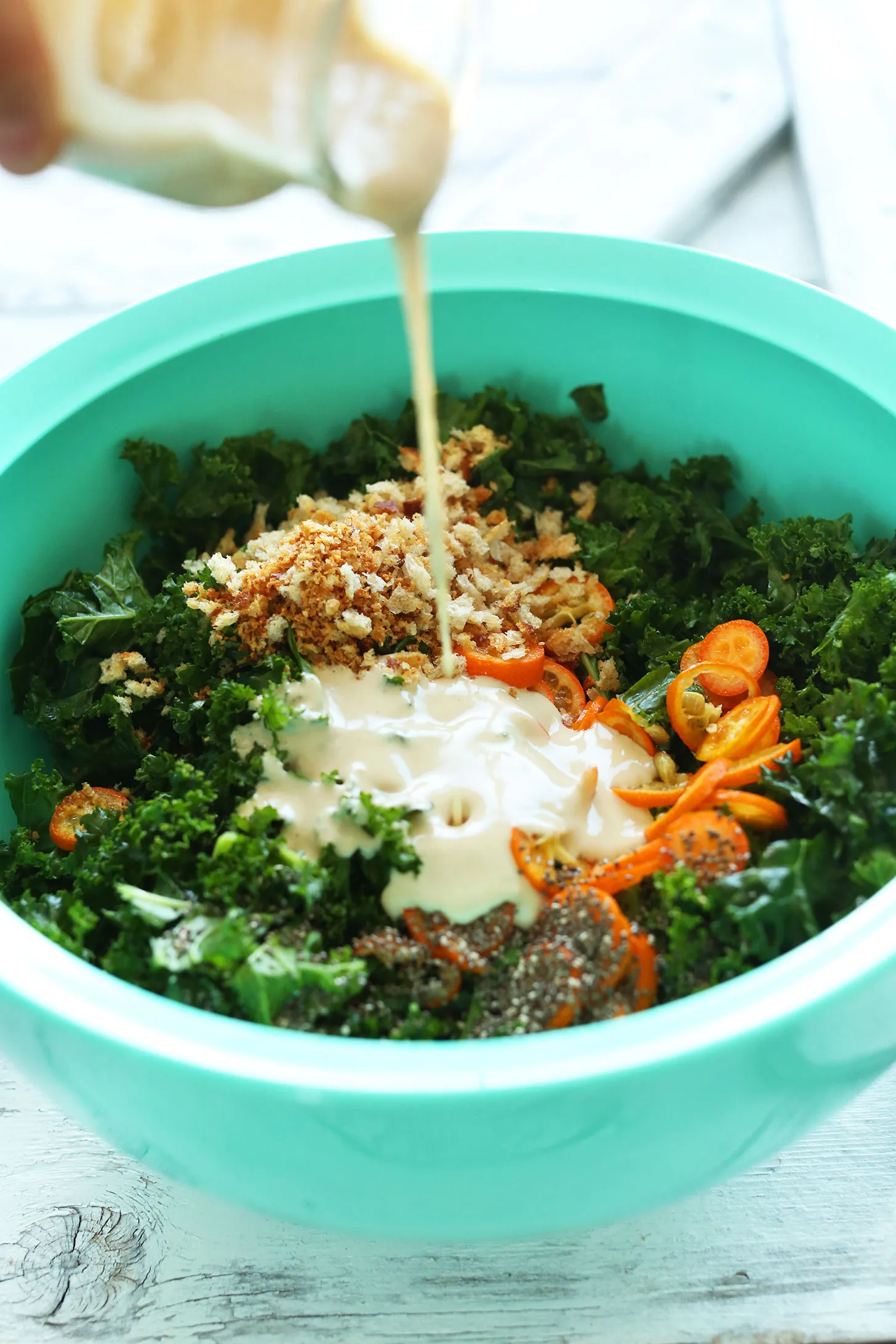 Kumquat Kale Salad with Tahini Dressing