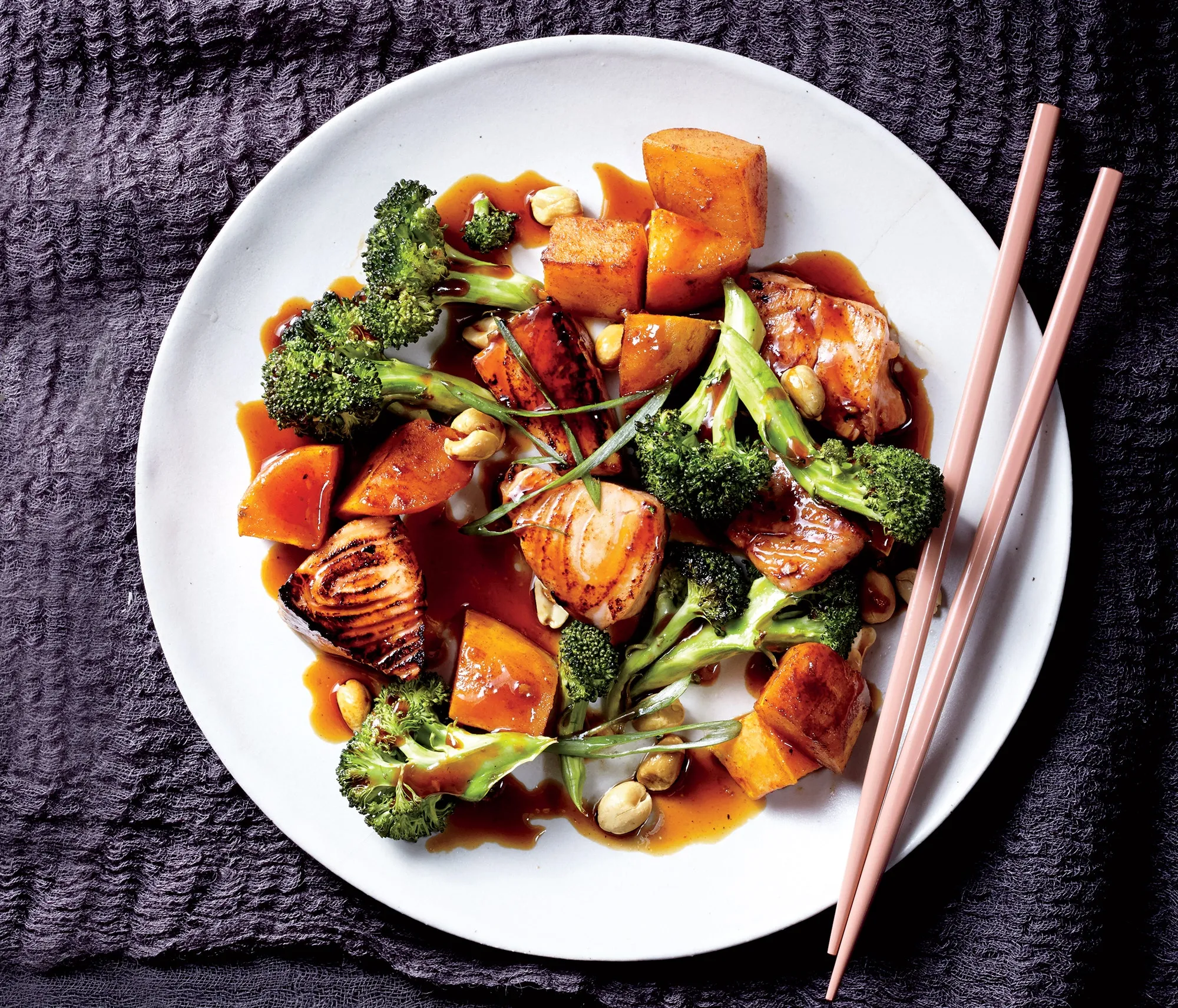 Kung Pao Salmon with Sweet Potato and Broccoli