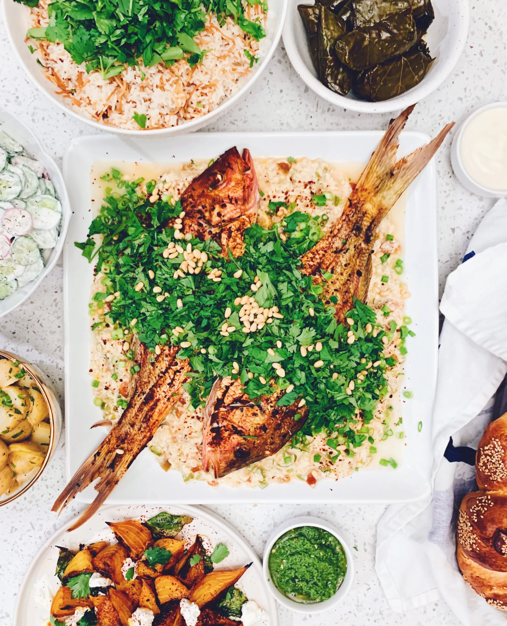 Lebanese Spicy Fish with Tahini and Pine Nuts