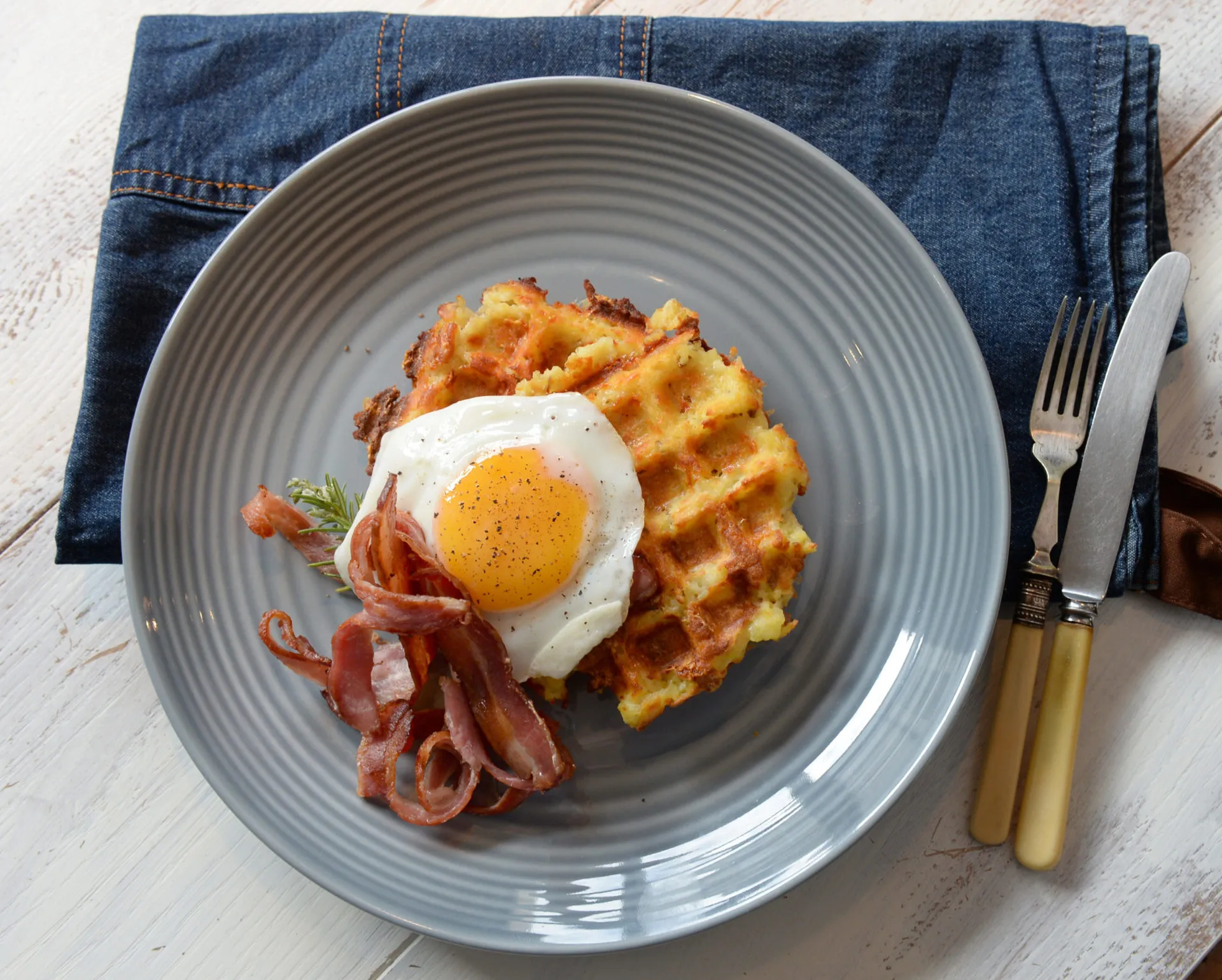 Loaded Baked Potato Waffles with a Crispy Egg