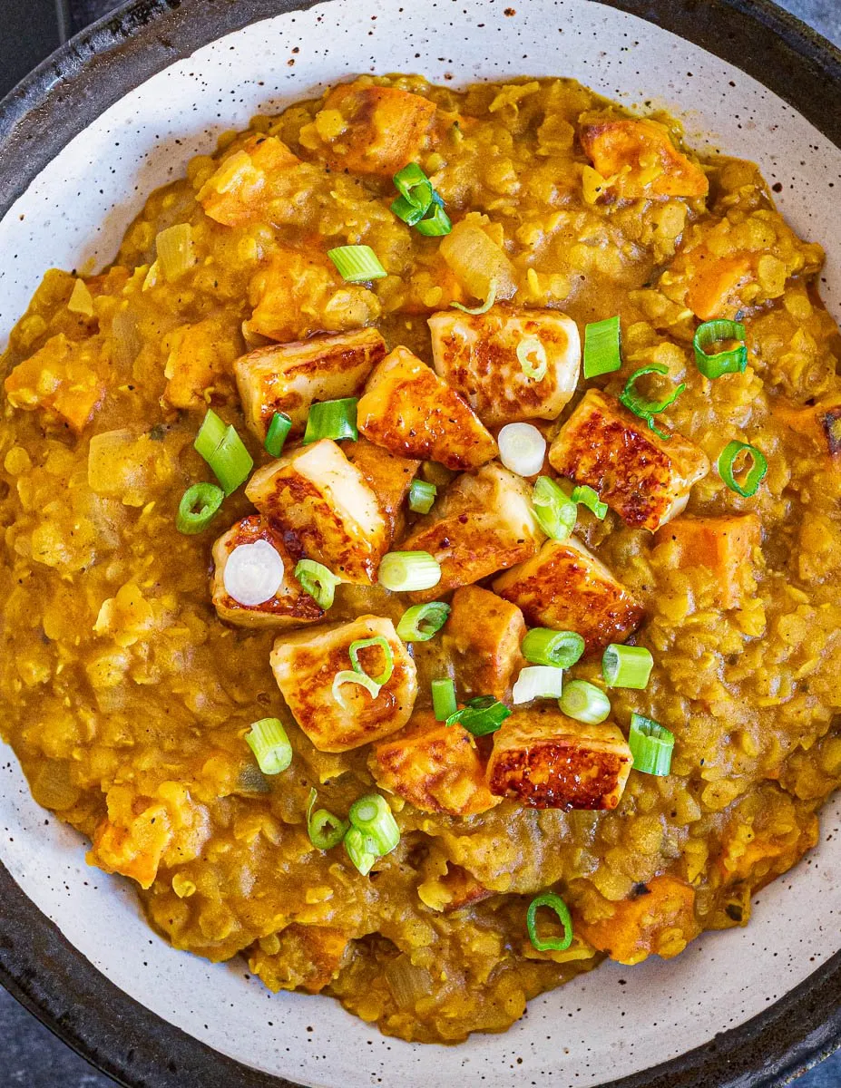 Mango Chutney Coated Halloumi with Sweet Potato Dal
