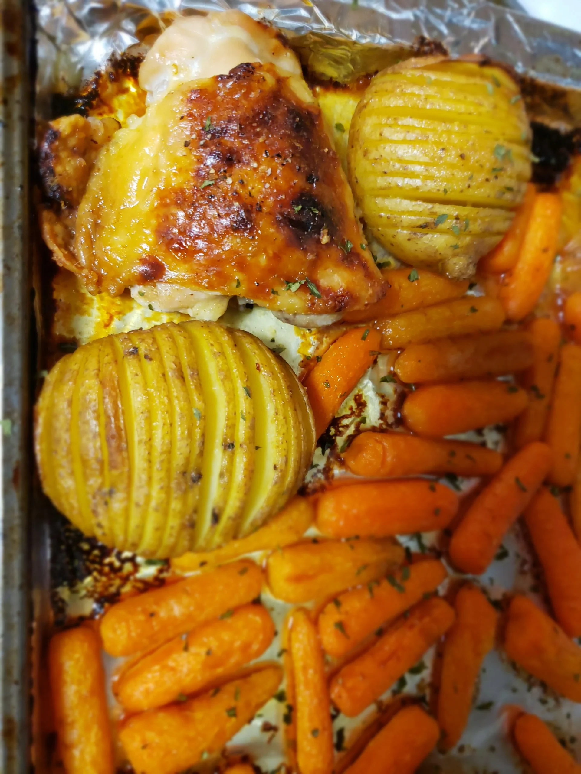 Maple Dijon Chicken Hasselback Potatoes Carrots
