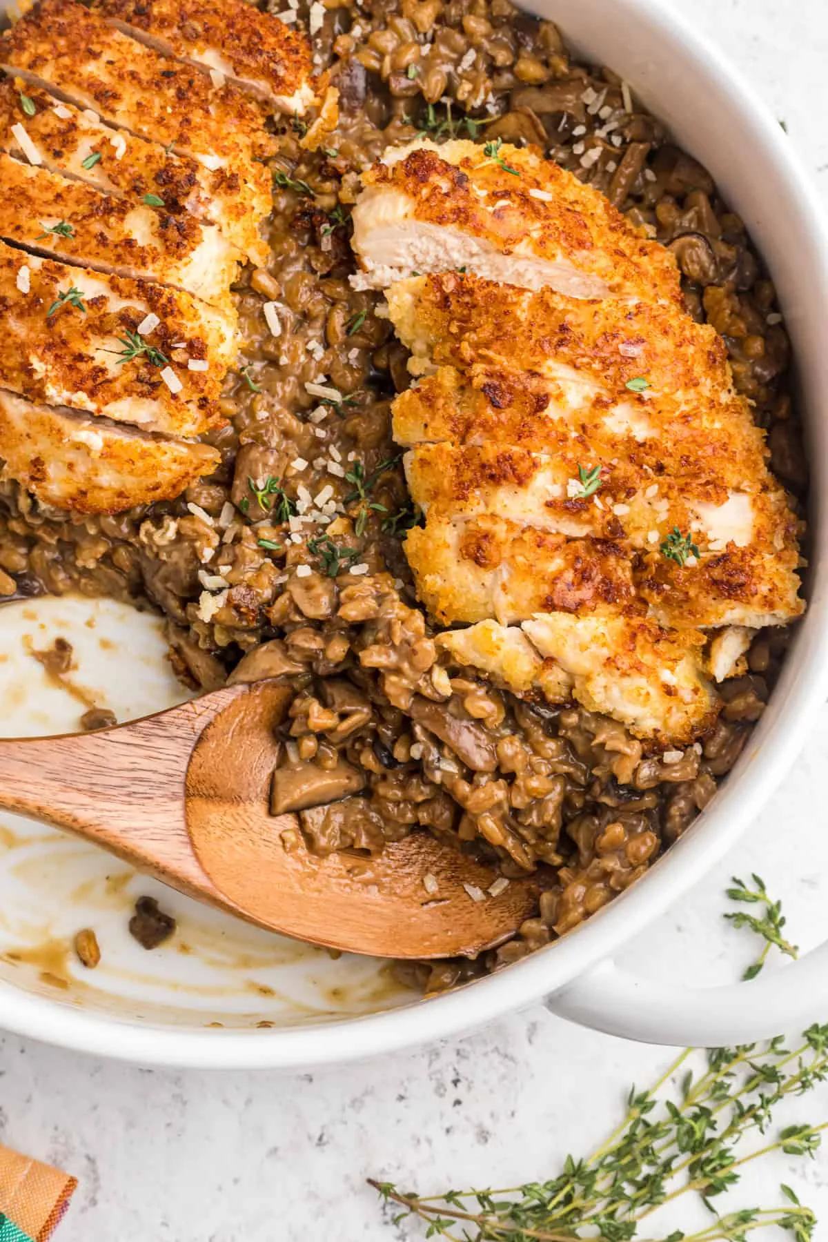 Mushroom Farro Risotto with Parmesan Crusted Chicken