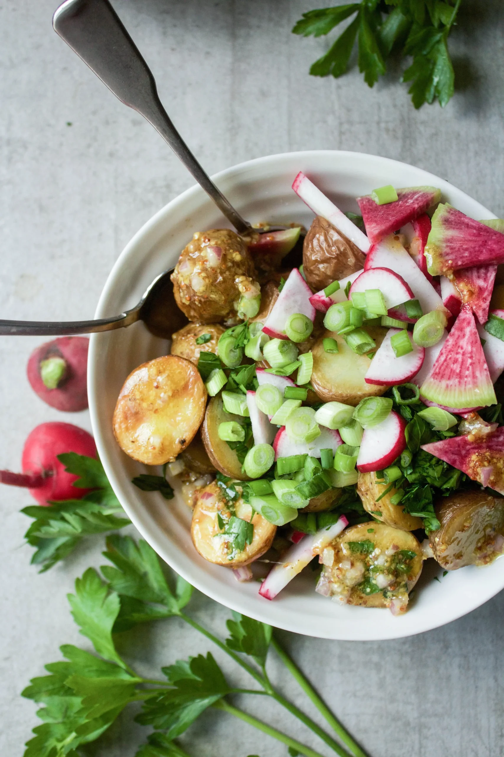 Mustard Greens Salad with Roasted Potatoes and Tomatoes