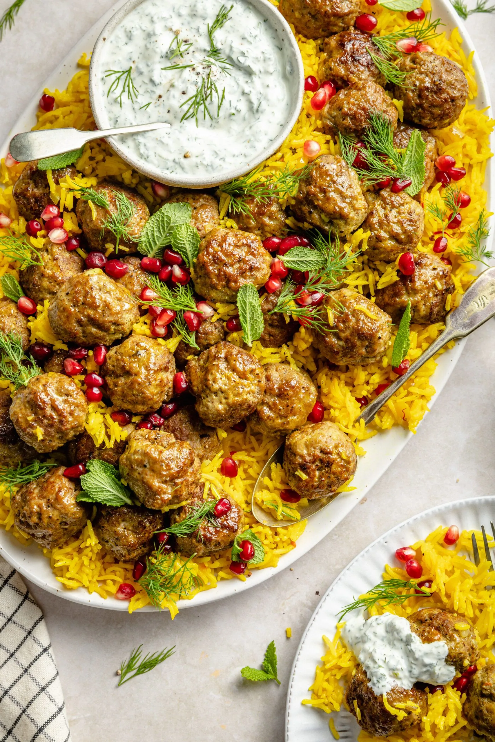 One Pan Lamb Meatballs and Saffron Rice with Herby Yogurt Sauce
