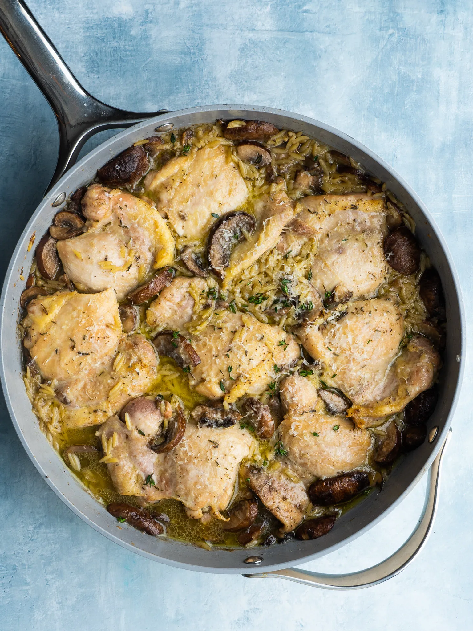 One Skillet Orzo Chicken and Mushrooms