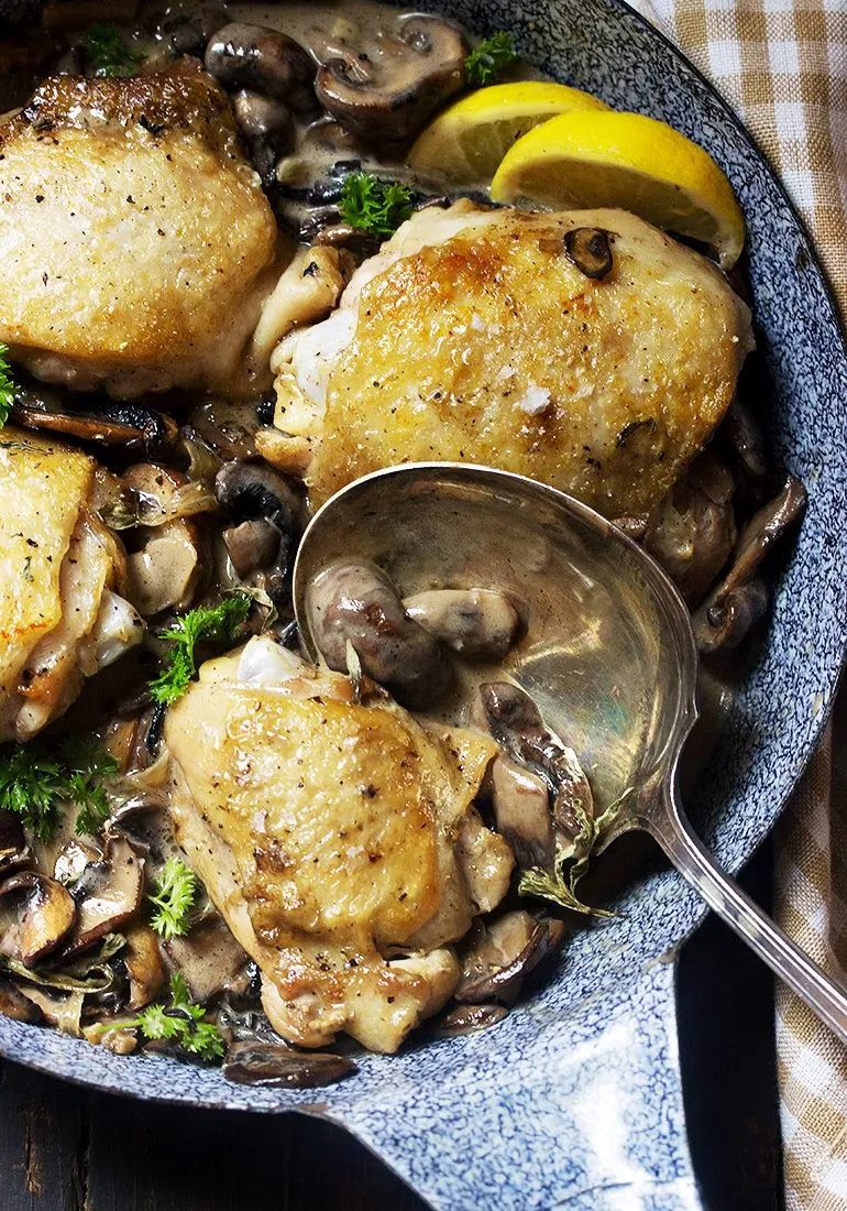 Pan Roasted Chicken Thighs with Creamy Mushroom Tarragon Sauce
