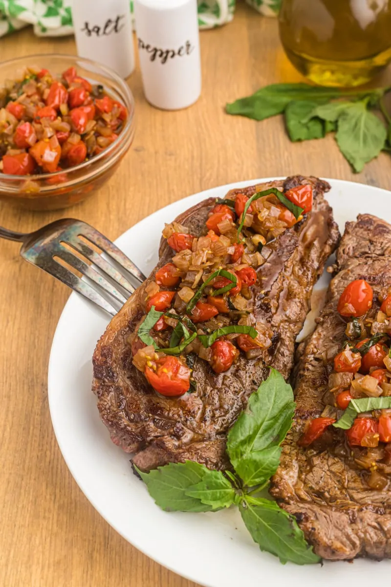 Pan Seared Rib Eye Steak with Balsamic Onion Tomato Salsa