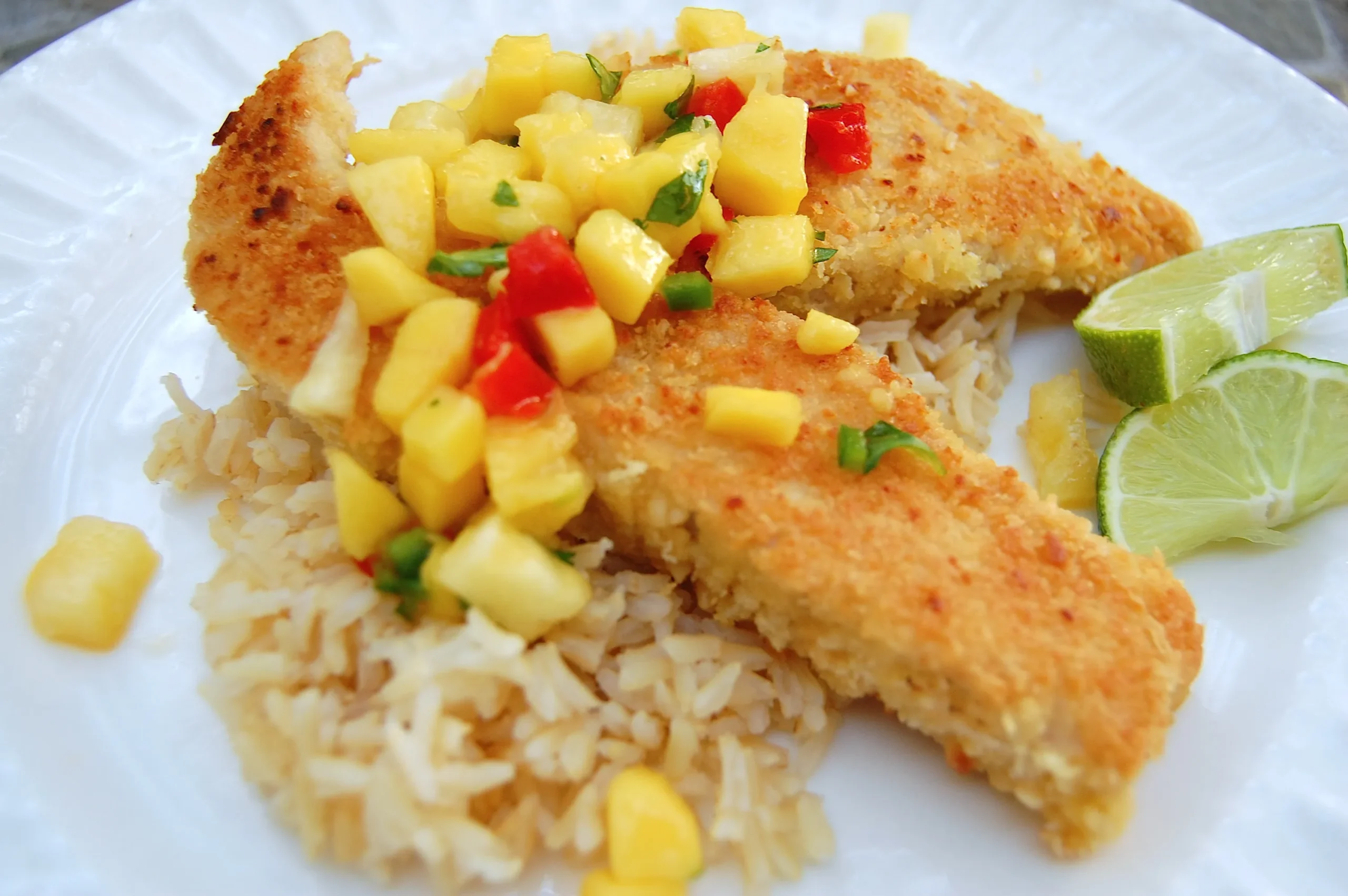 Panko and Onion Crusted Yellowtail with Mango Salsa
