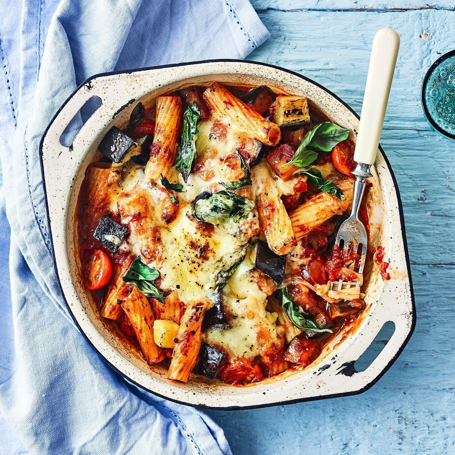 Pasta with Aubergine, Tomato, and Mozzarella