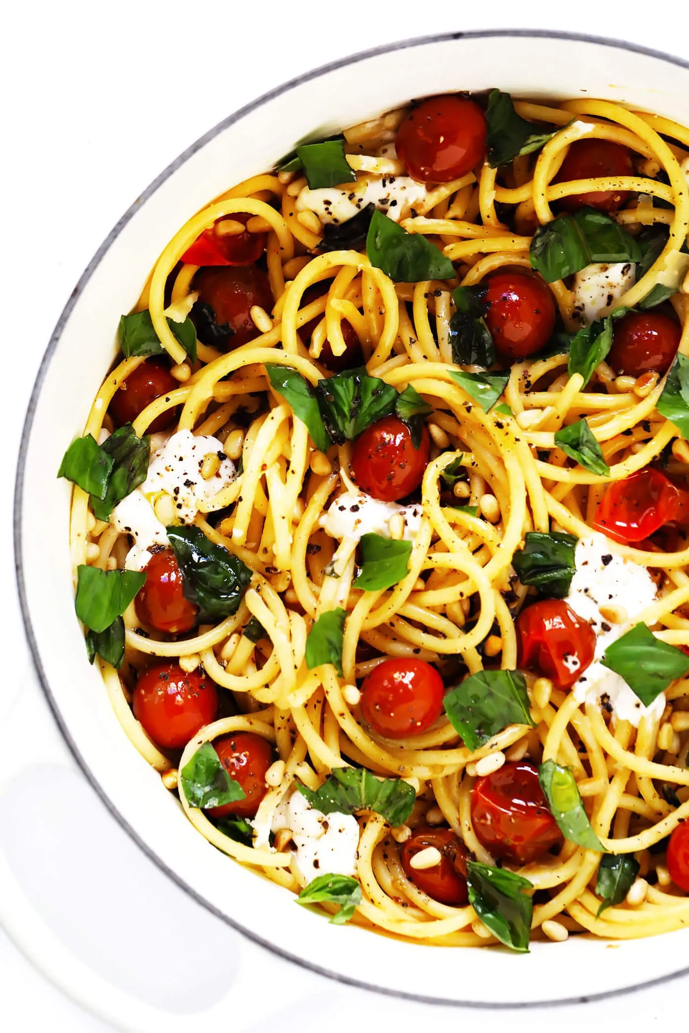 Pasta with Burst Cherry Tomatoes, Burrata, and Basil