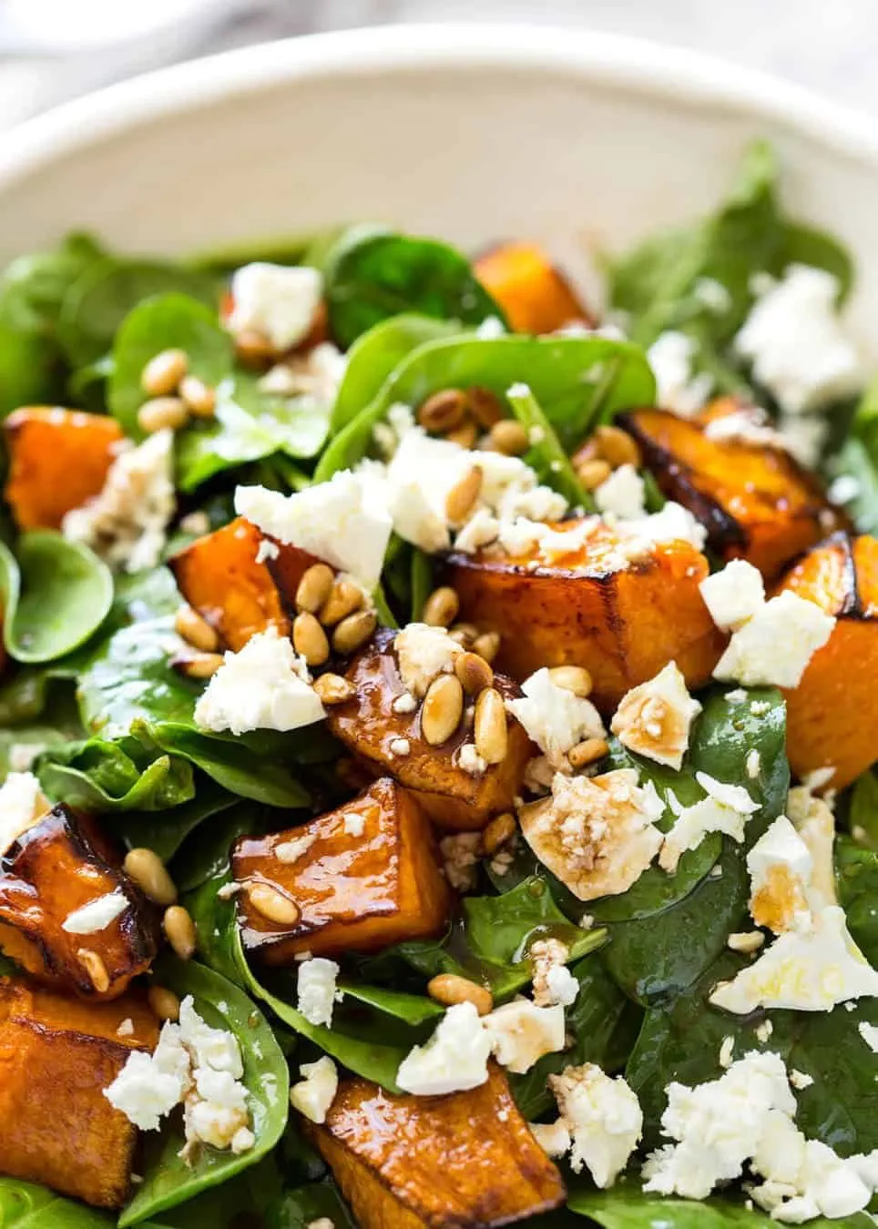 Pear Apple Avocado Spinach Salad with Candied Walnuts, Feta, and Pumpkin Seeds