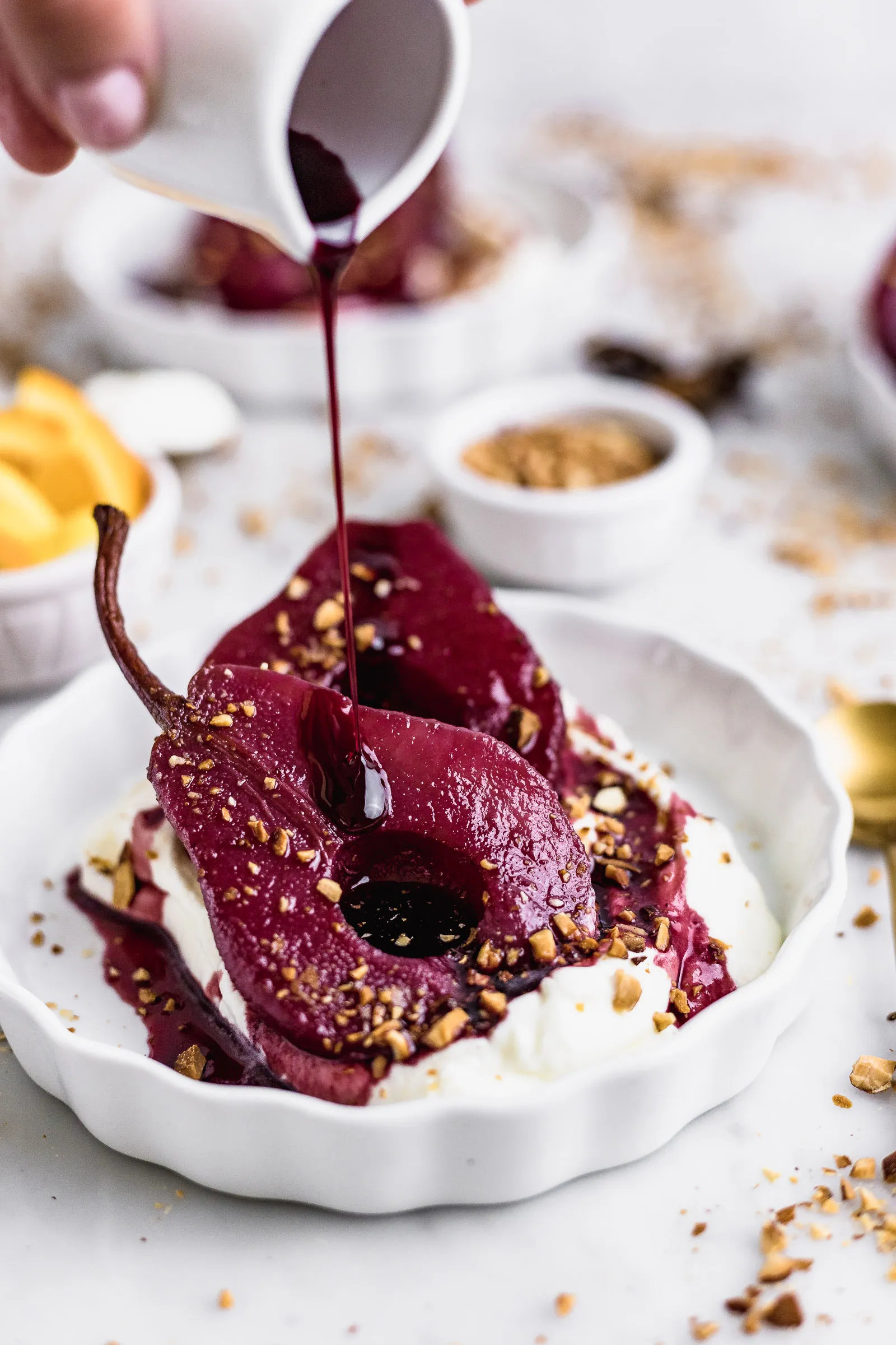 Poached Pear Halves with Red Wine Sauce