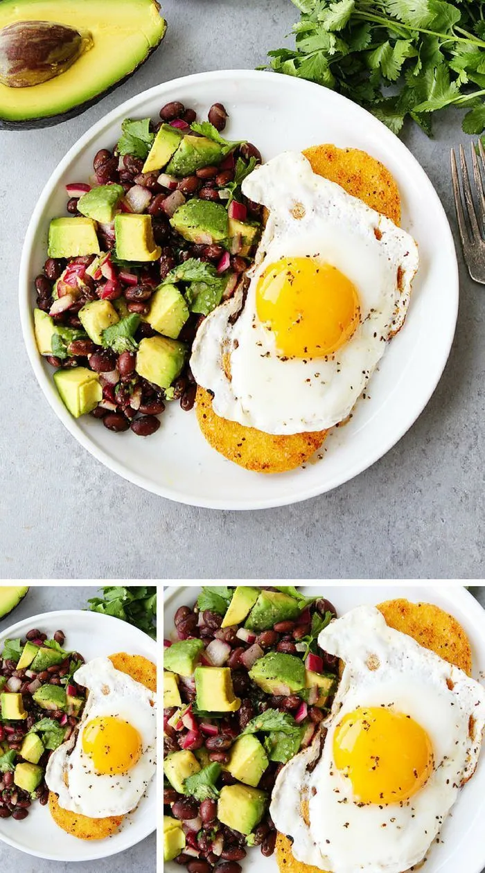 Polenta Rounds with Fried Eggs, Avocado, and Bean Salsa