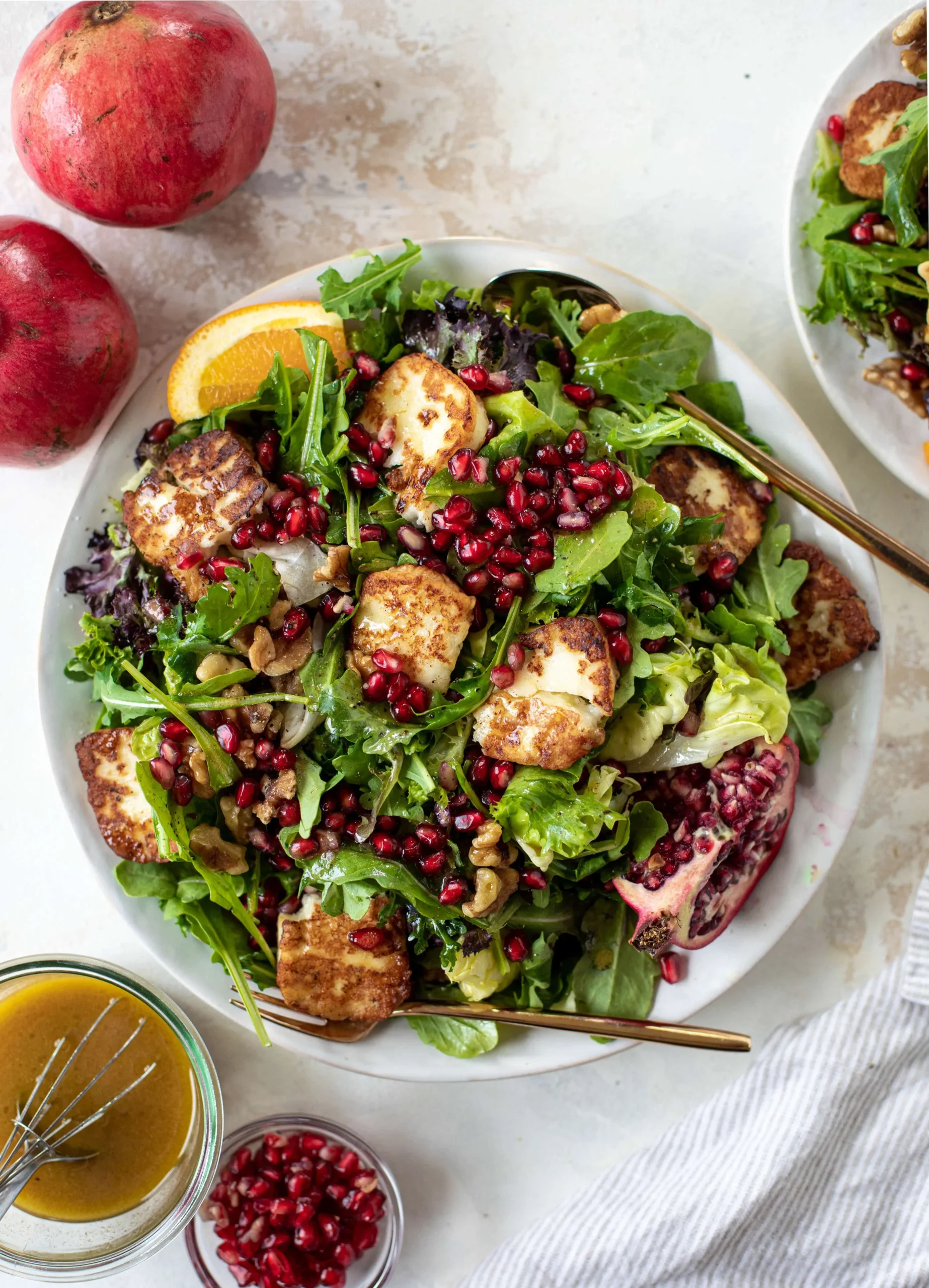 Pomegranate Greens Salad with Halloumi Croutons and Spiced Orange Vinaigrette