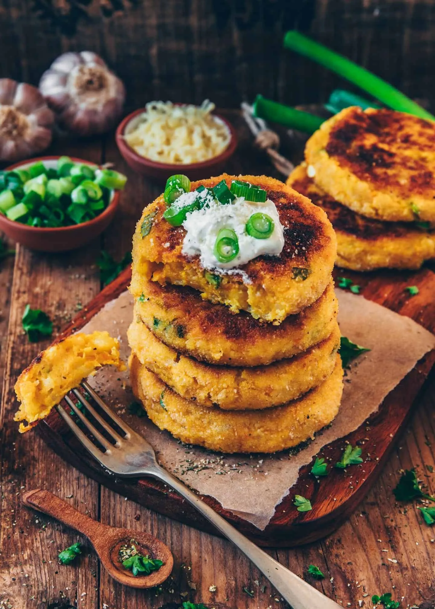 Potato Cakes with Green Garlic and Asiago Cheese