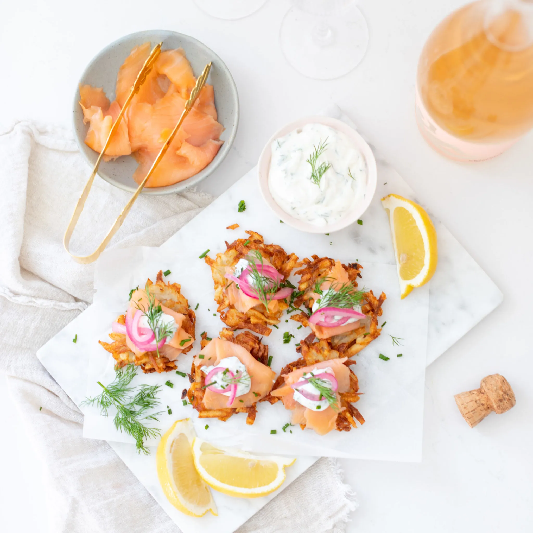 Potato Pancakes with Smoked Salmon, Poached Eggs, and Asparagus