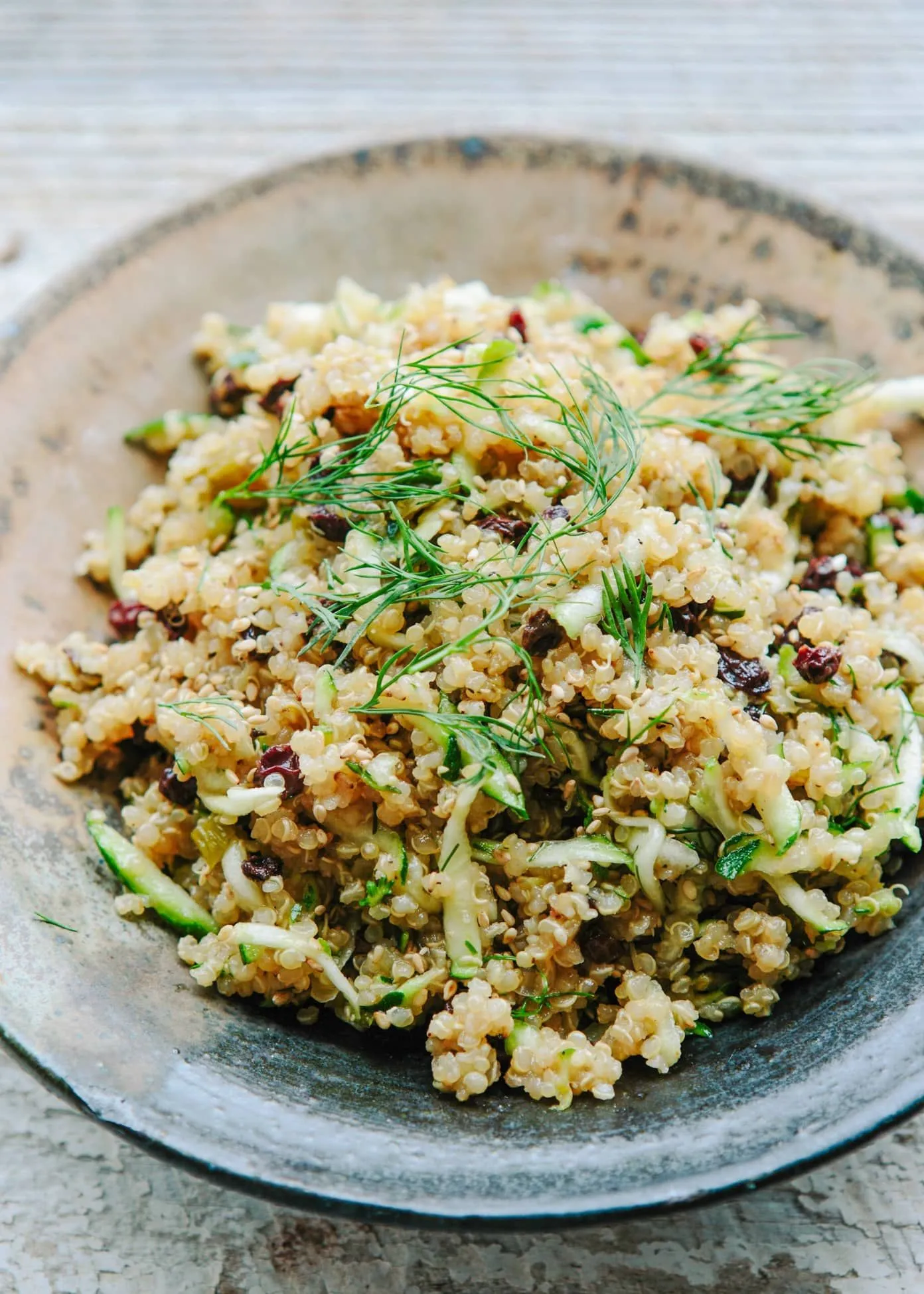 Red Quinoa Salad with Currants, Dill, Zucchini, and Sunflower Seeds