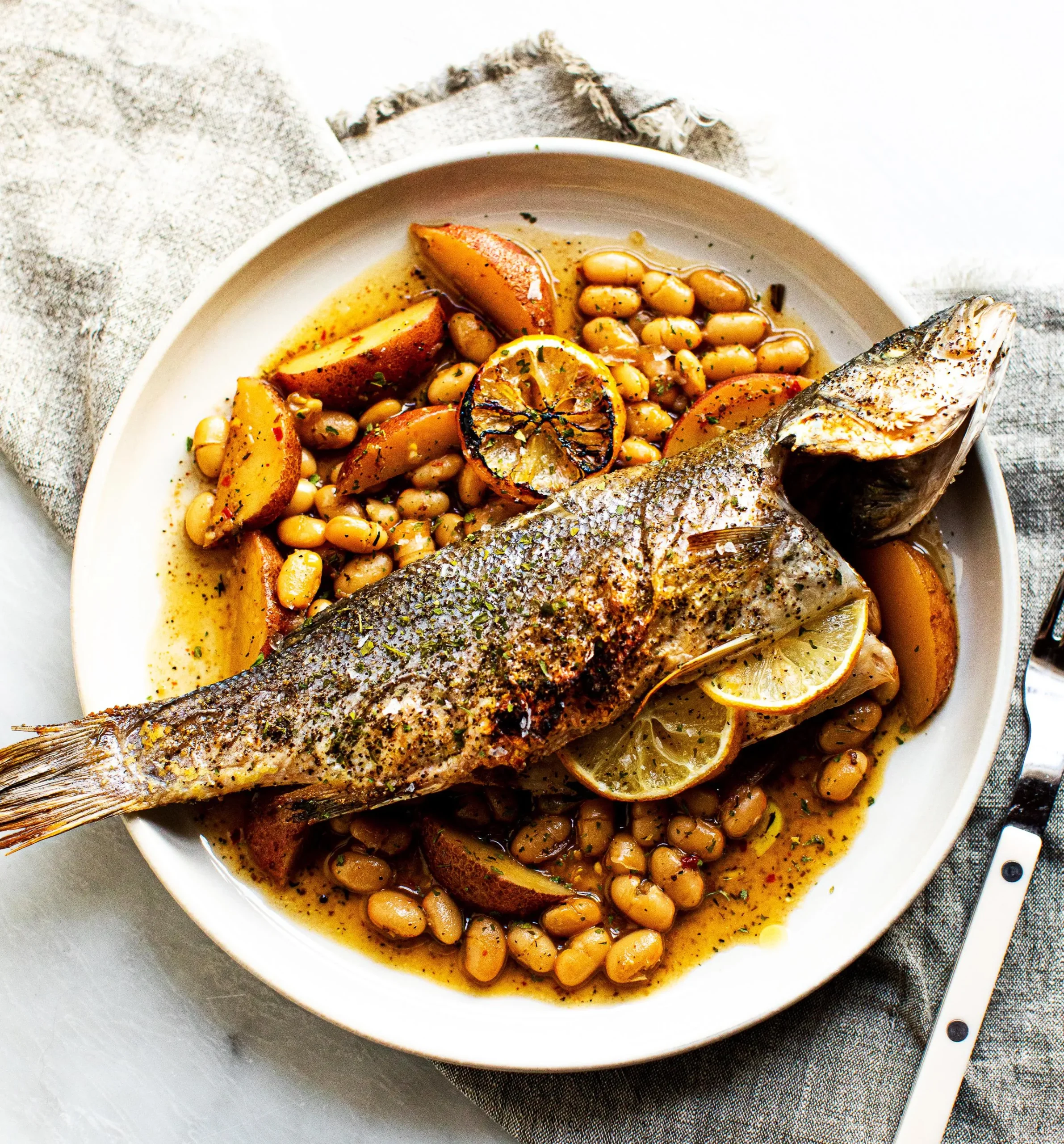 Roasted Branzino with Brothy Beans