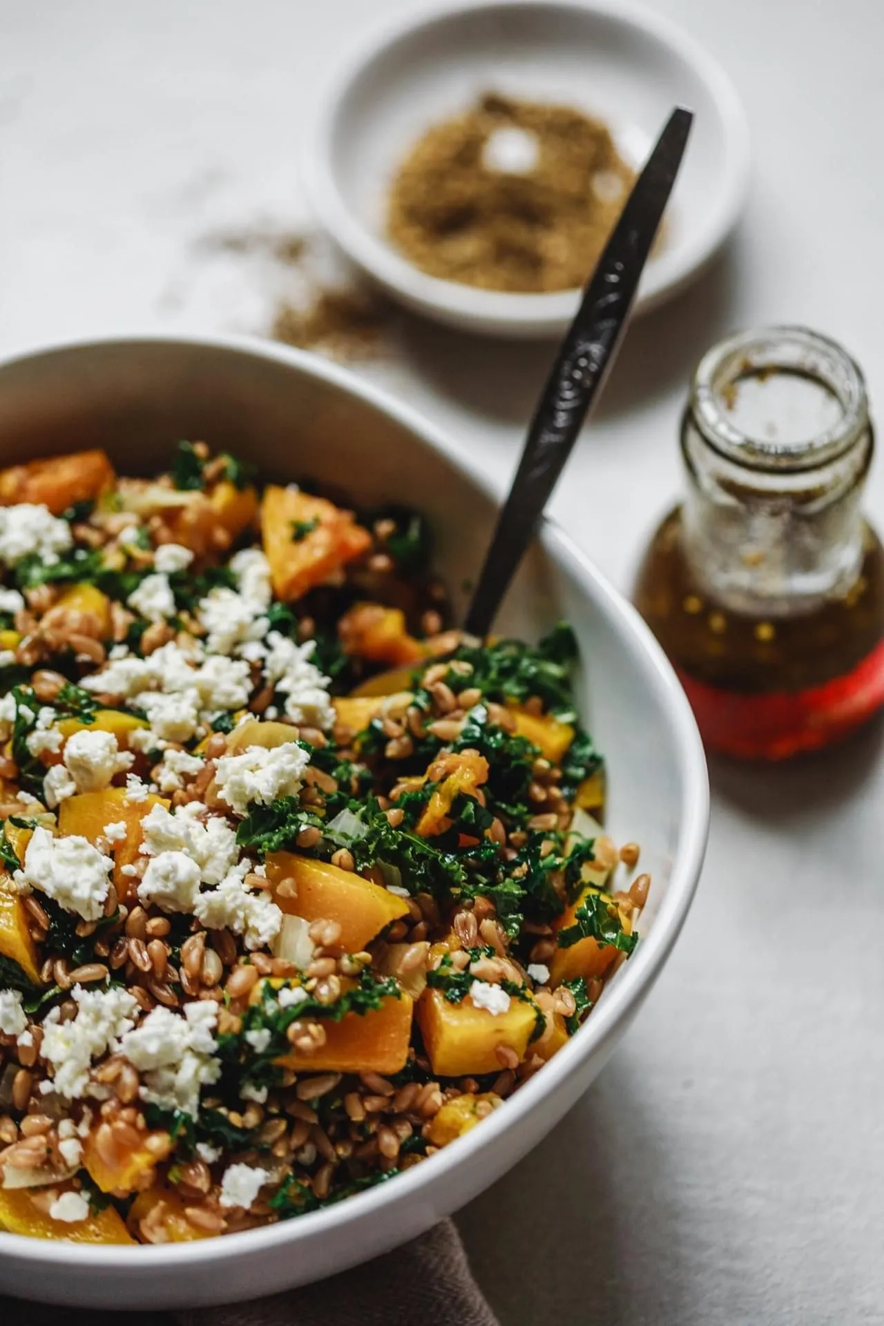 Roasted Butternut Squash Kale and Farro Salad with a Zaatar Dressing