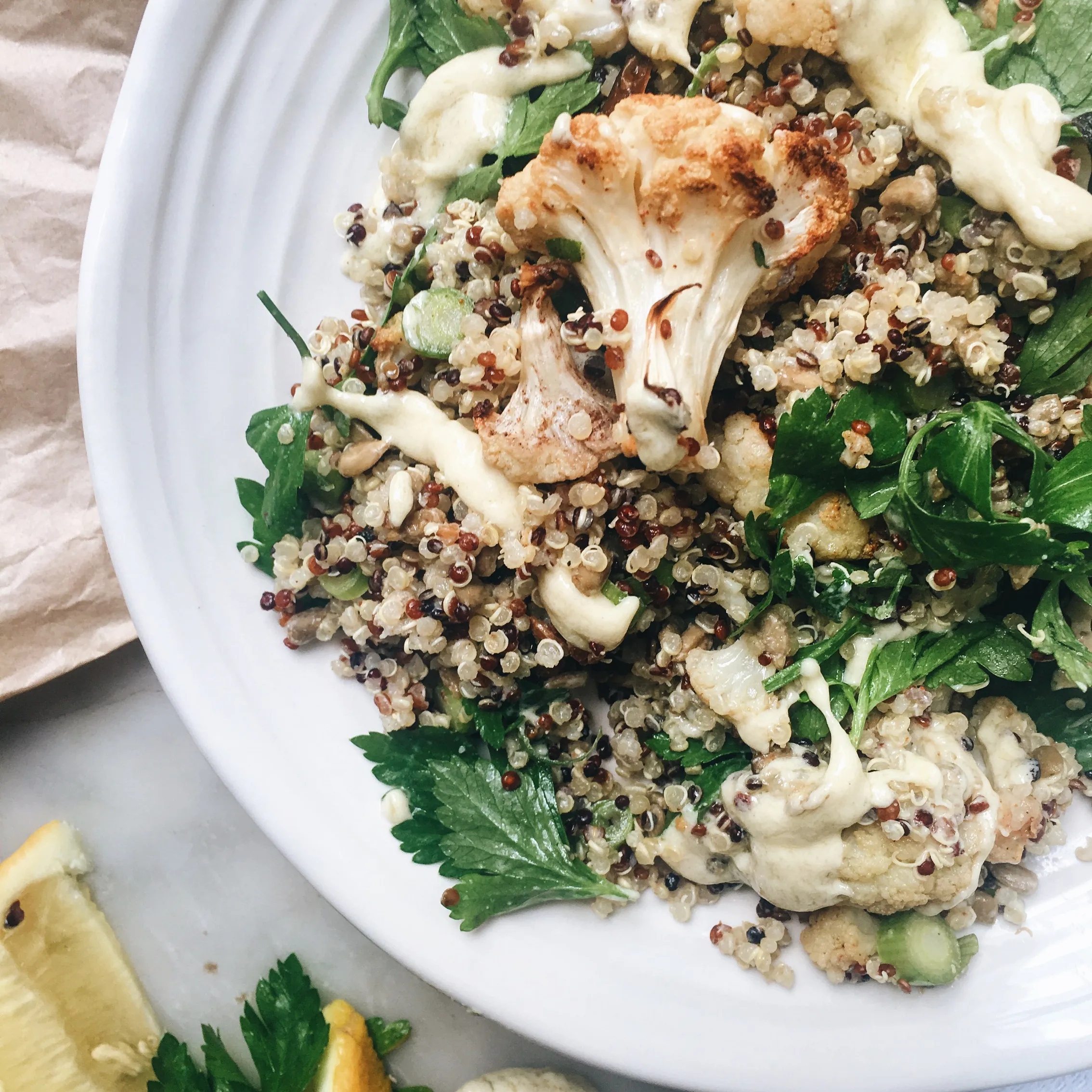 Roasted Cauliflower Quinoa with Lemon Tahini Sauce