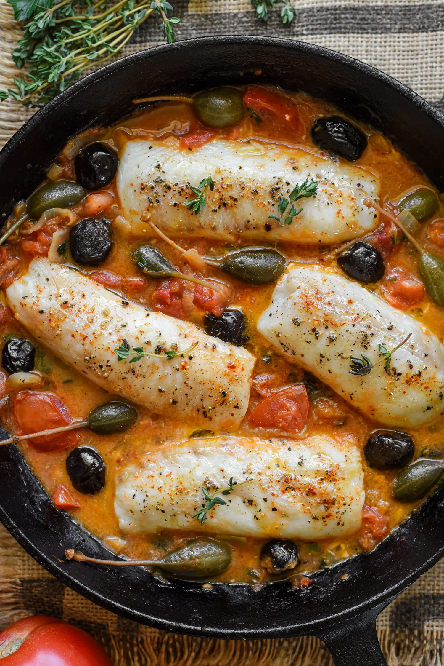 Roasted Cod with Warm Tomato Olive Caper Tapenade