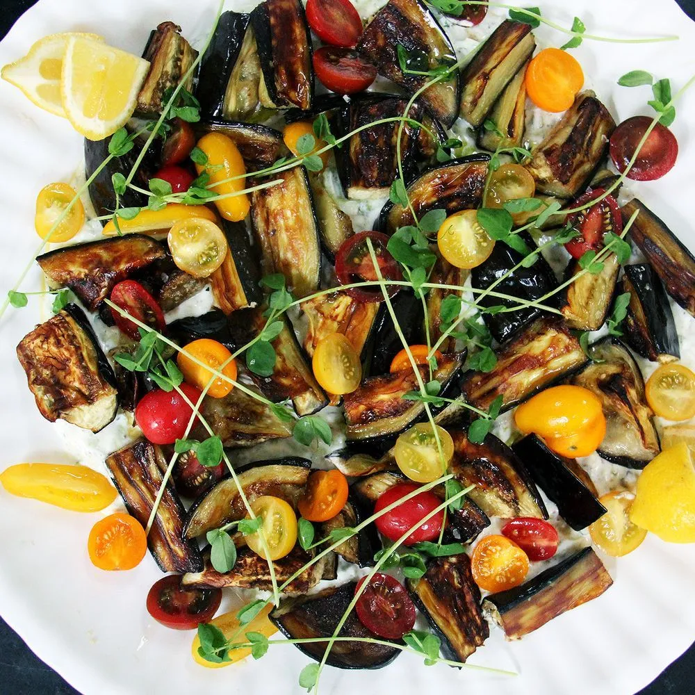Roasted Eggplant Salad with Cucumber Yogurt Sauce and Tomatoes