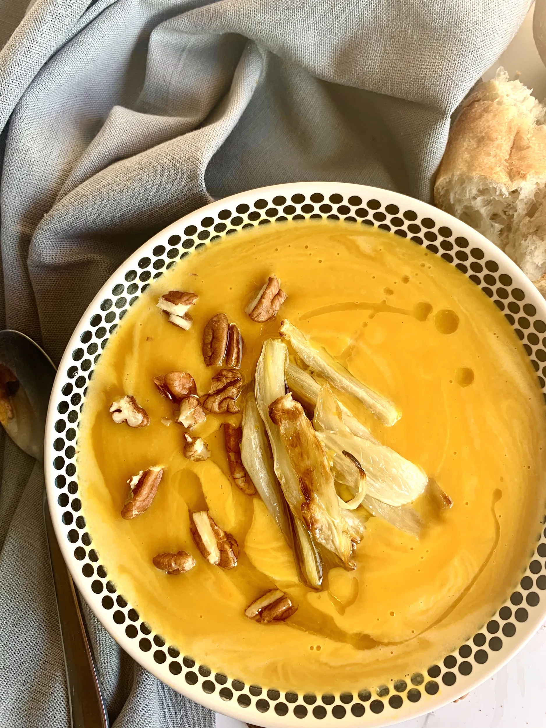 Roasted Kuri Squash Soup with Harissa Chickpeas