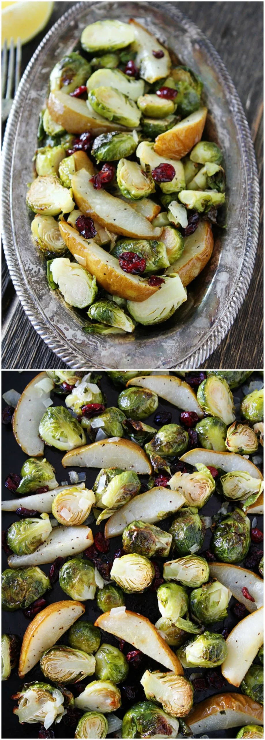 Roasted Pear and Cranberry Brussels Sprouts