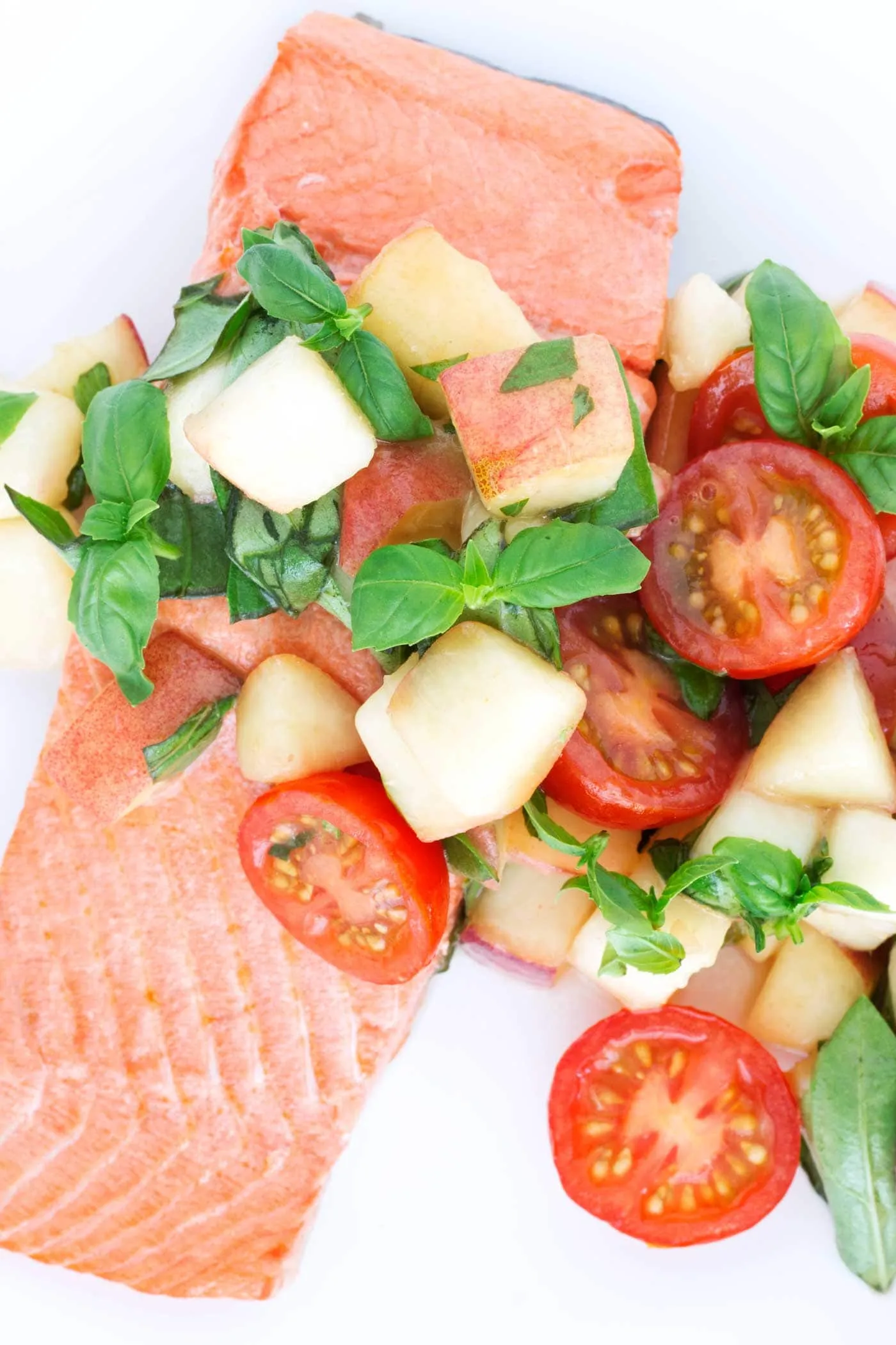 Rose Poached Salmon with Peach Tomato Basil Salad