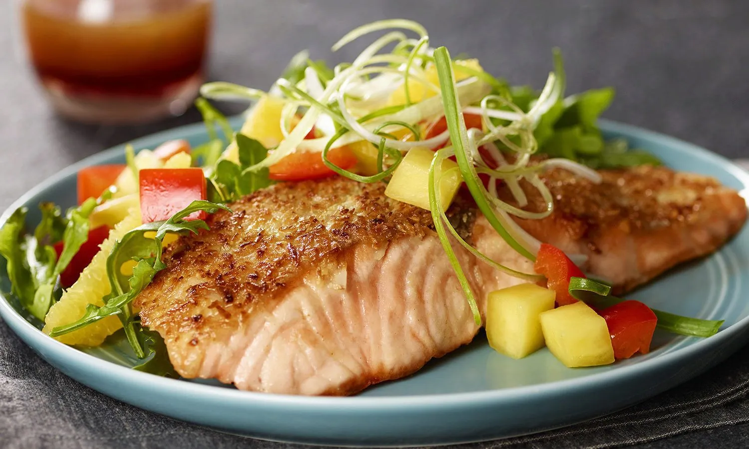 Salmon and Crudites Salad with Coconut Blossom Nectar and Umami Salt Vinaigrette