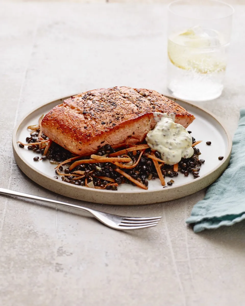 Salmon over Warm Lentils with Crispy