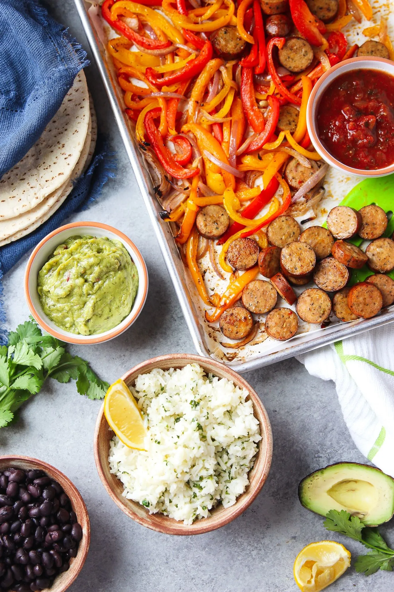 Sausage Fajitas with Salsa Fresca and Guacamole