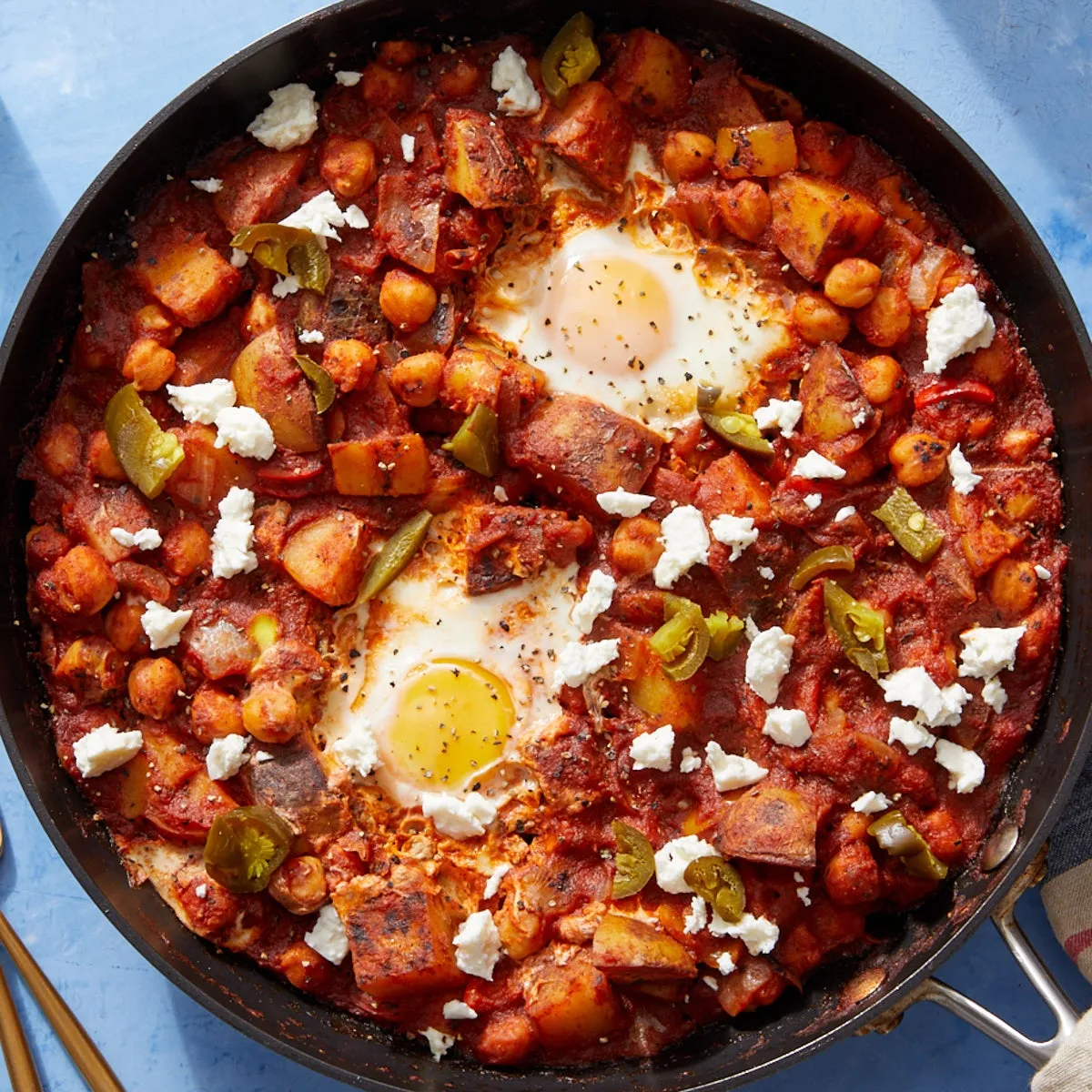 Shakshuka with Charred Chickpeas and Pickled Jalapenos