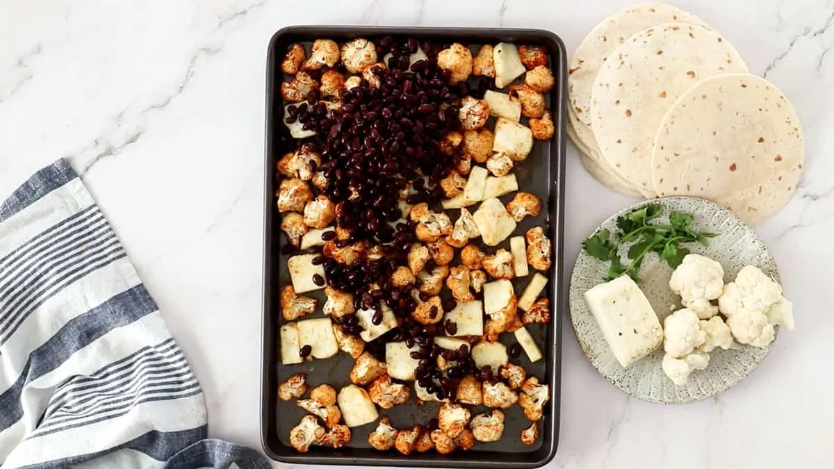 Sheet Pan Cauliflower Tacos with Halloumi and Black Beans