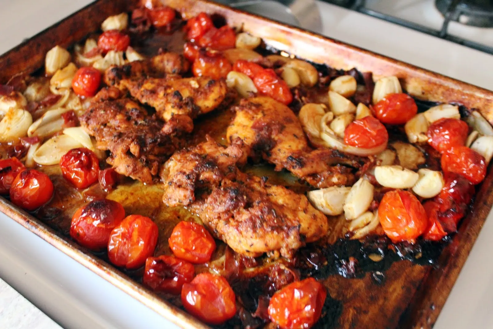 Sheet Pan Chicken with Jammy Tomatoes and Pancetta