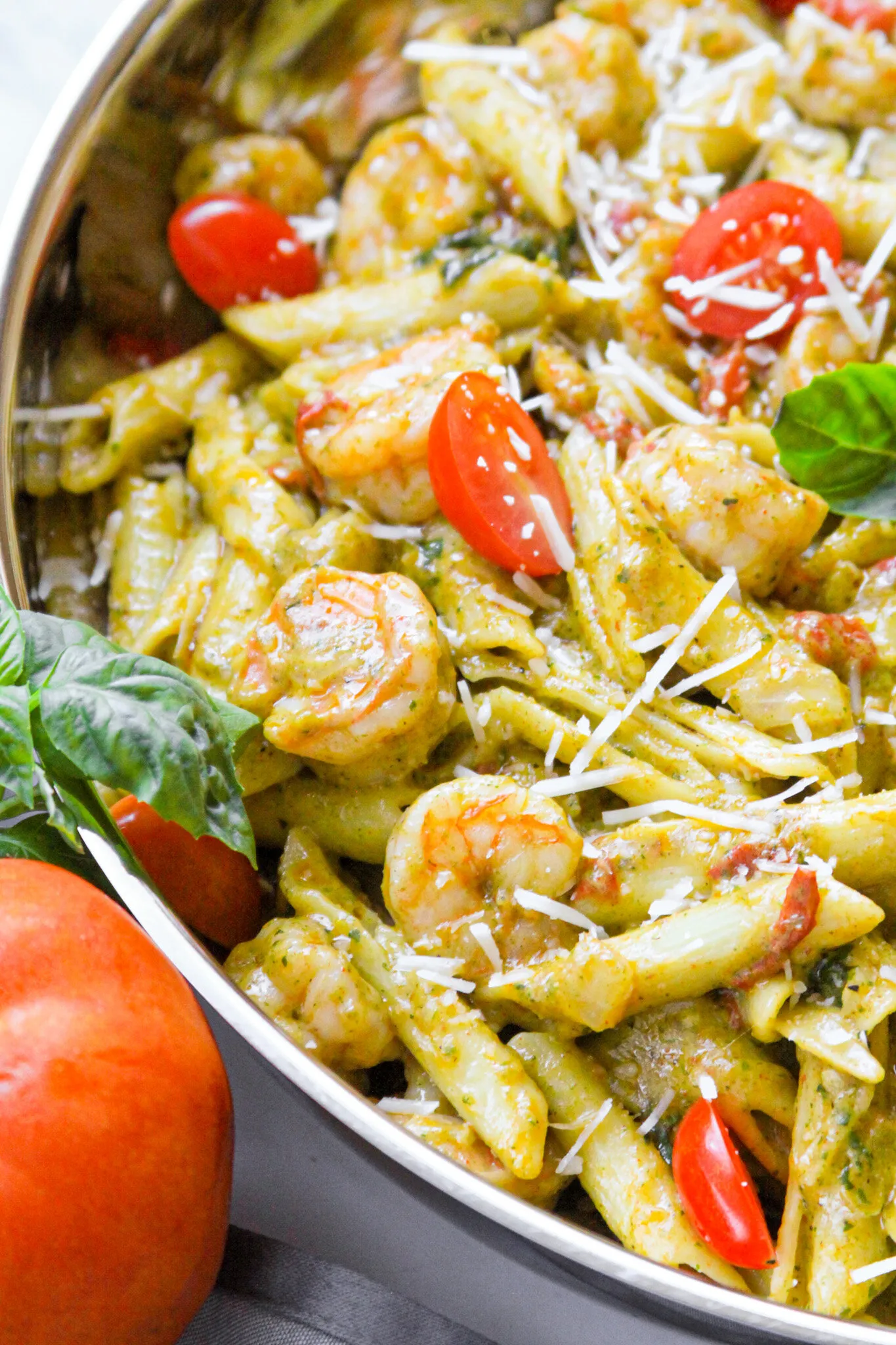 Shrimp Zucchini and Basil Pesto Pasta