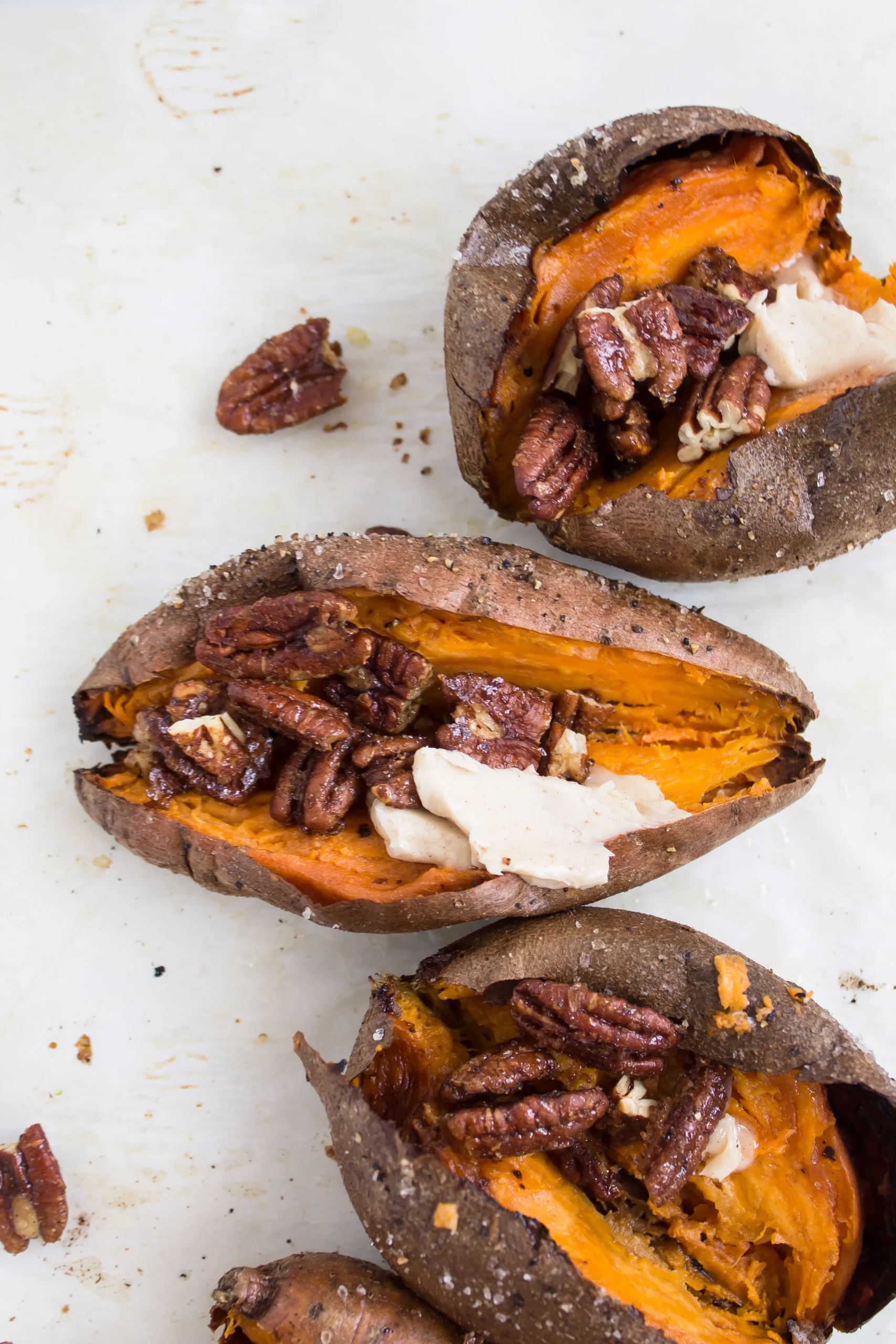 Slow Roasted Sweet Potatoes with Maple Butter Pecans