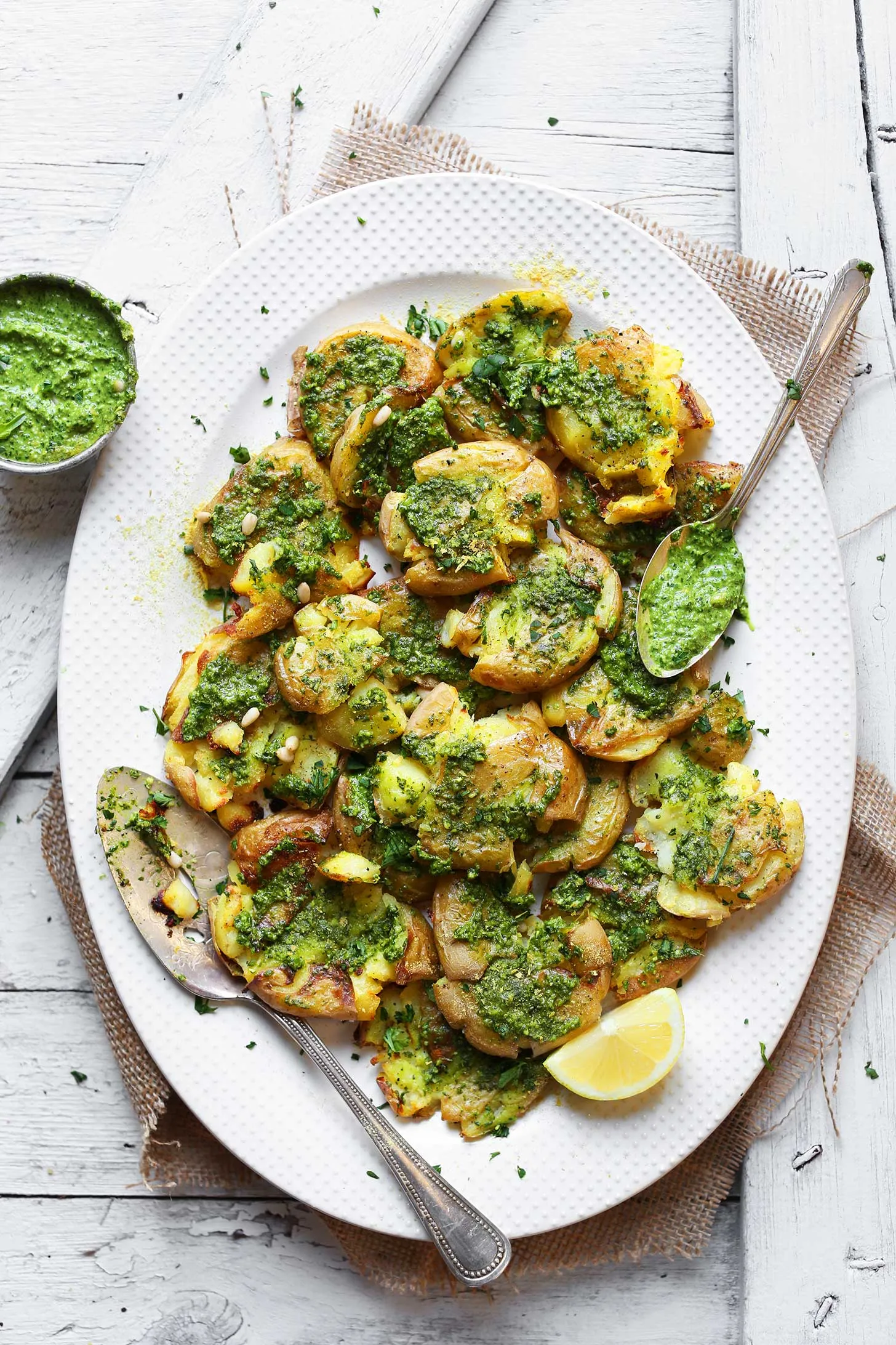 Smashed Baked Potatoes with Pesto