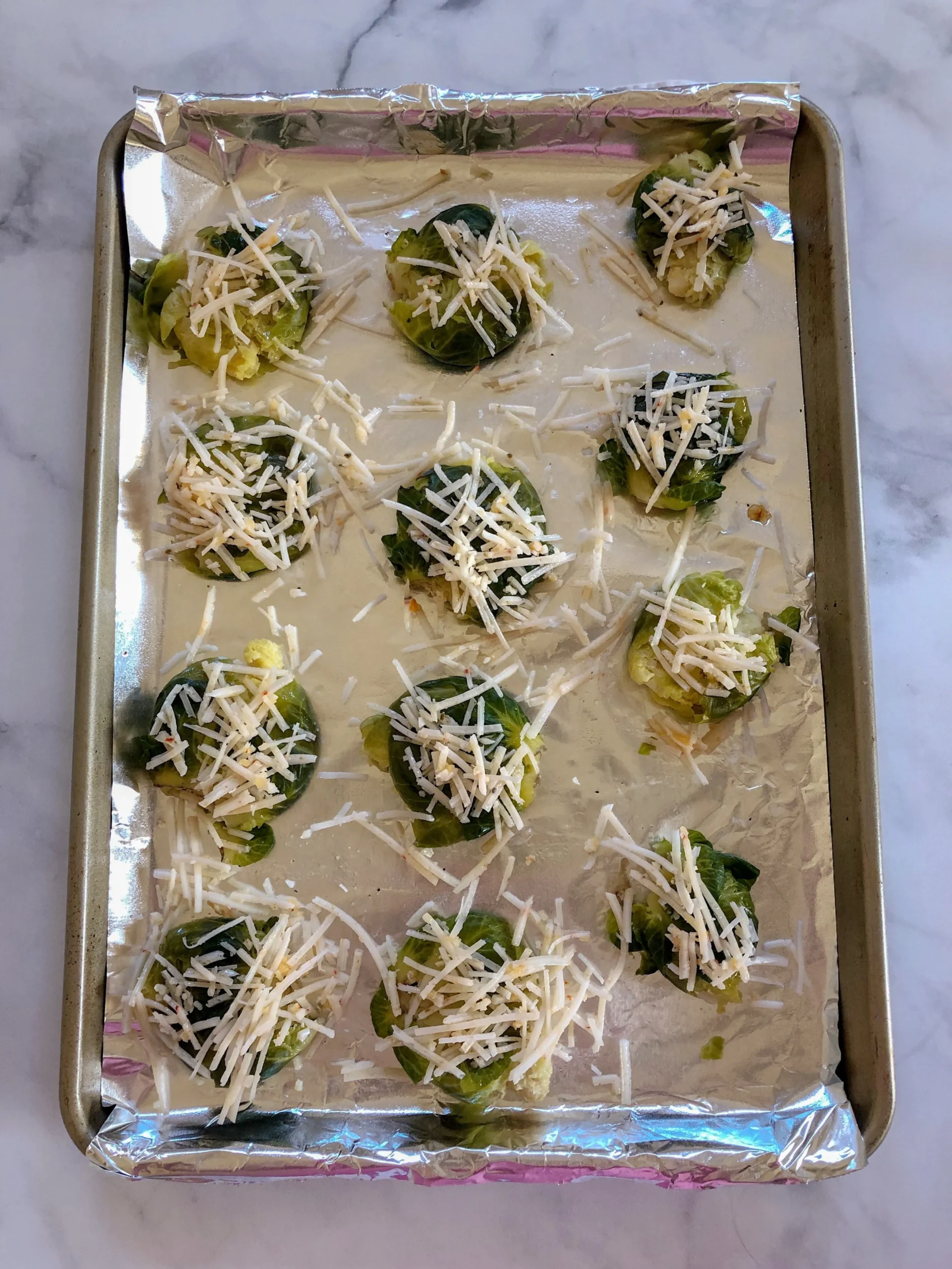 Smashed Brussels Sprouts with Vegan Cheese