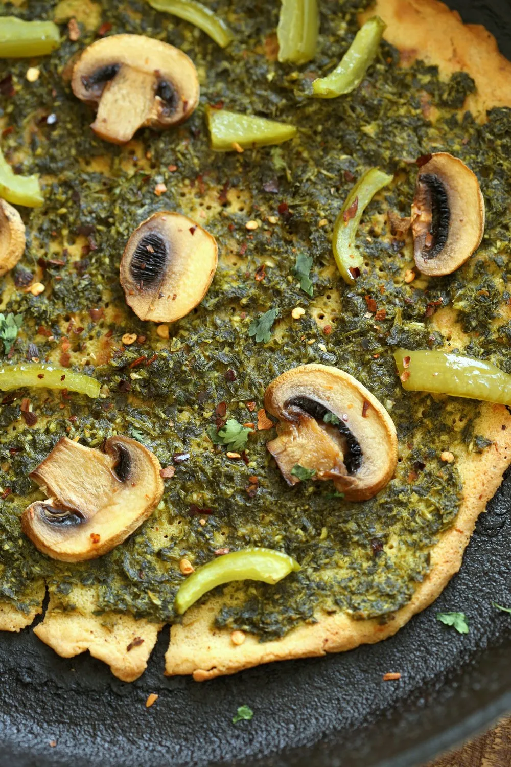 Socca Pizza with Pesto and Mushrooms
