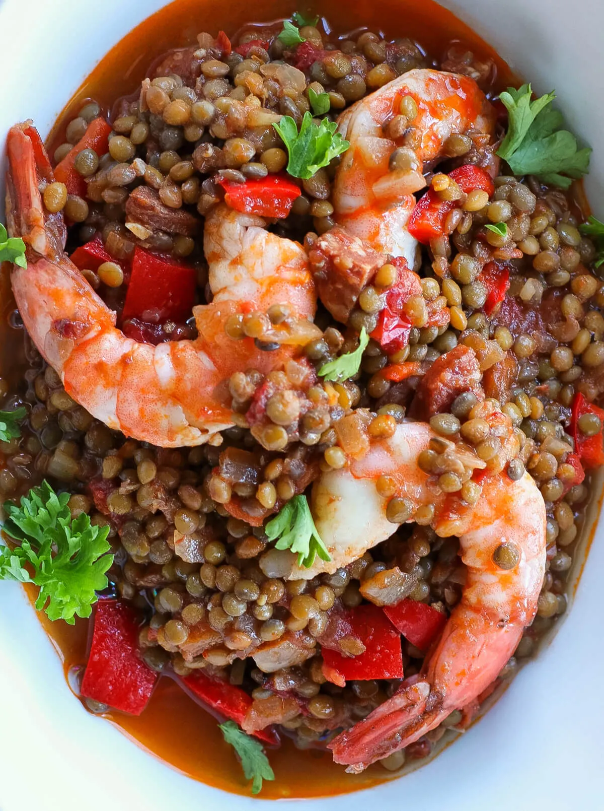 Spanish Brown Lentils with Chorizo and Shrimp