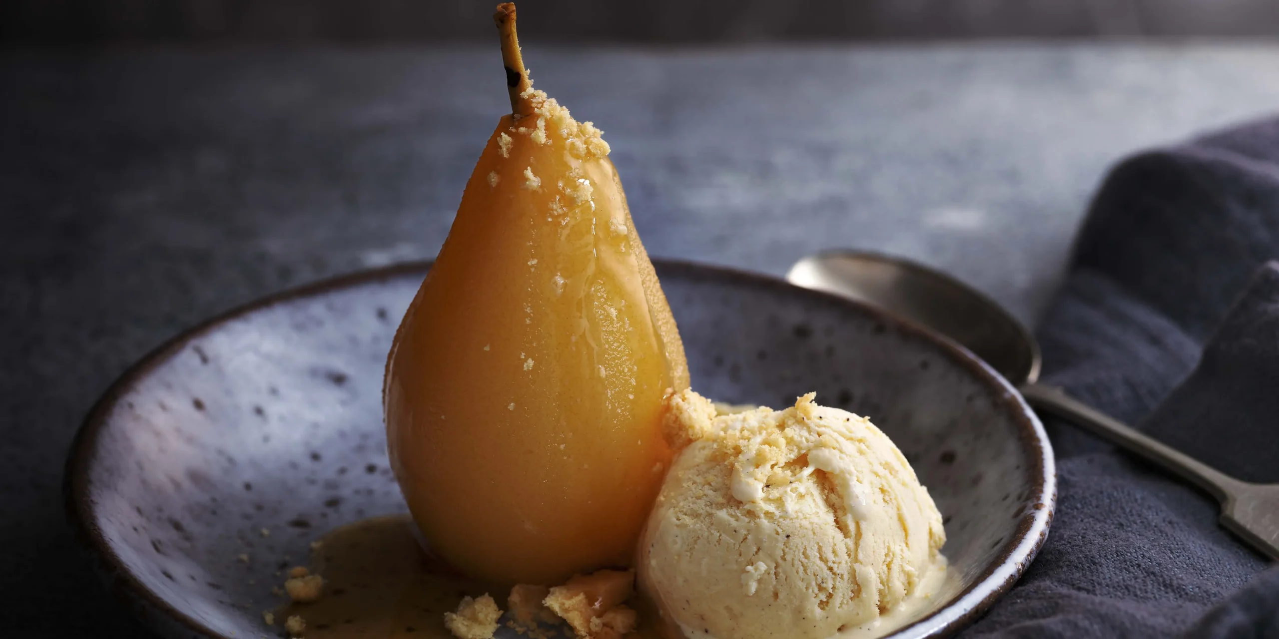 Spiced Poached Pears with Burnt Sugar Ice Cream