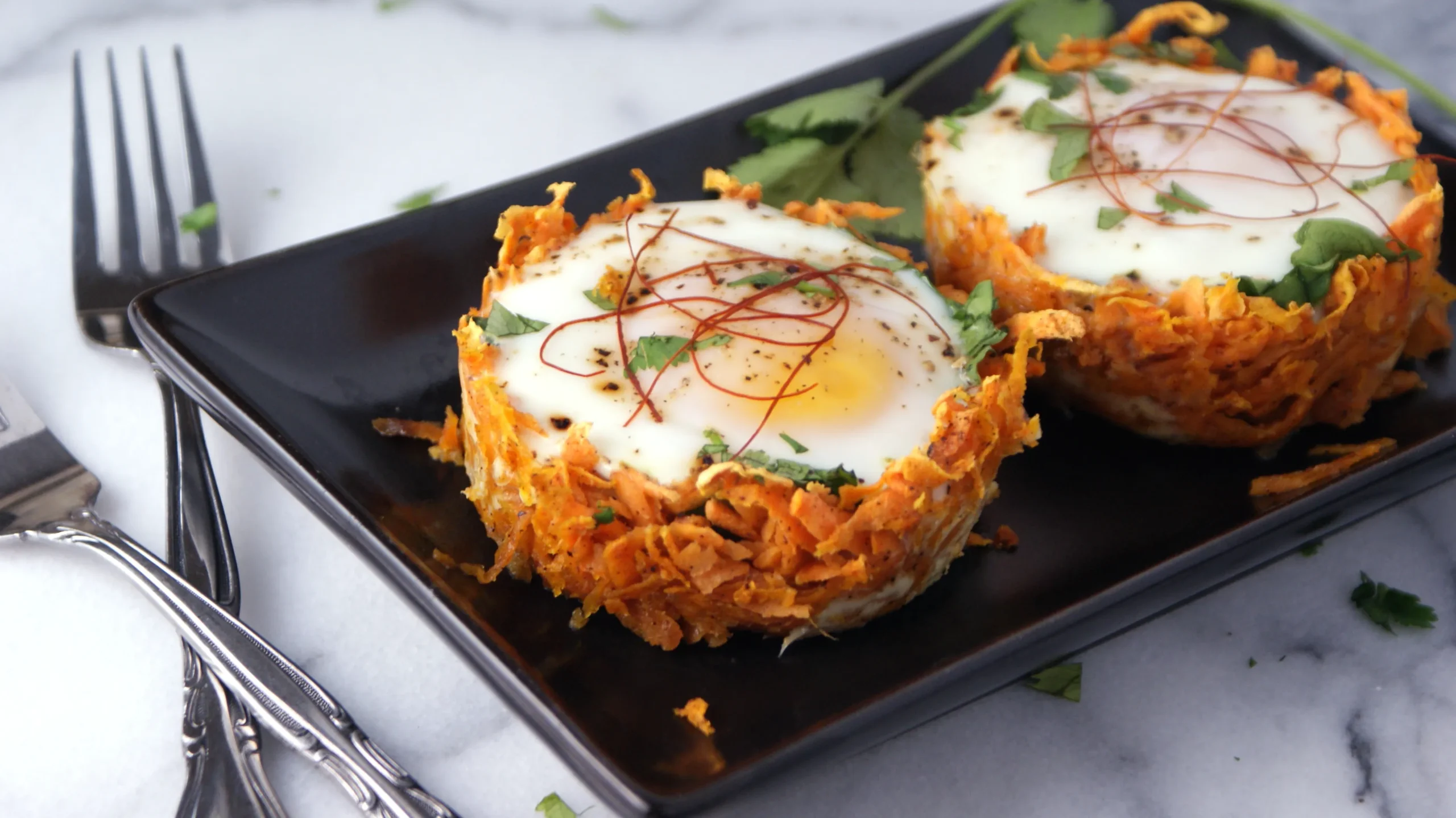 Spicy Prawn Egg Nests with Sweet Potato Straws