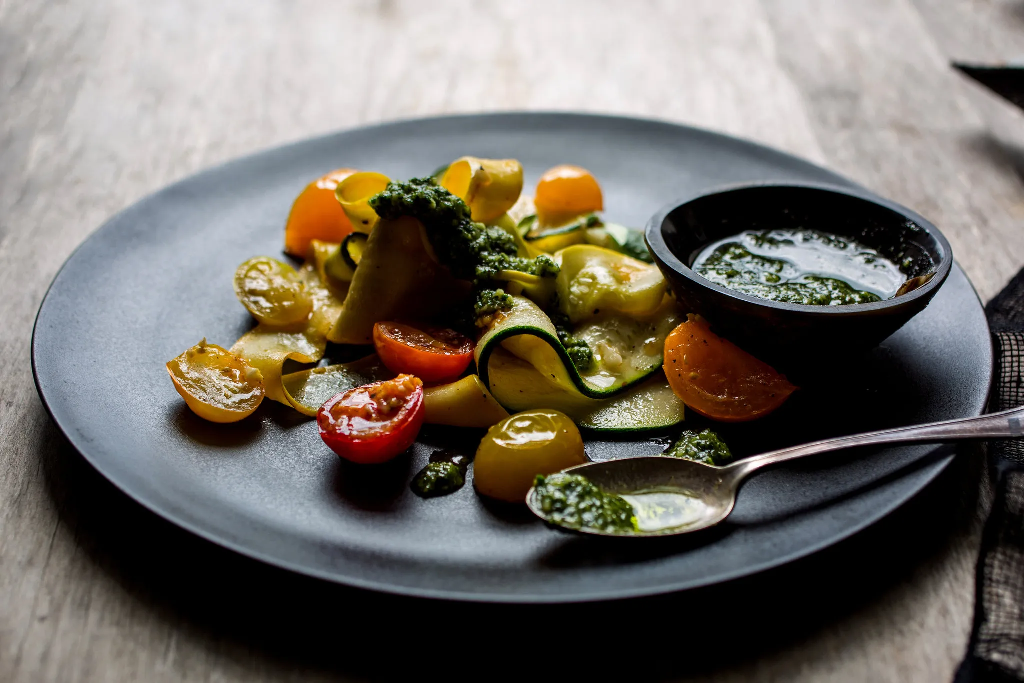 Squash Ribbons with Tomatoes, Peanuts, Basil, Mint and Spicy Fish Sauce