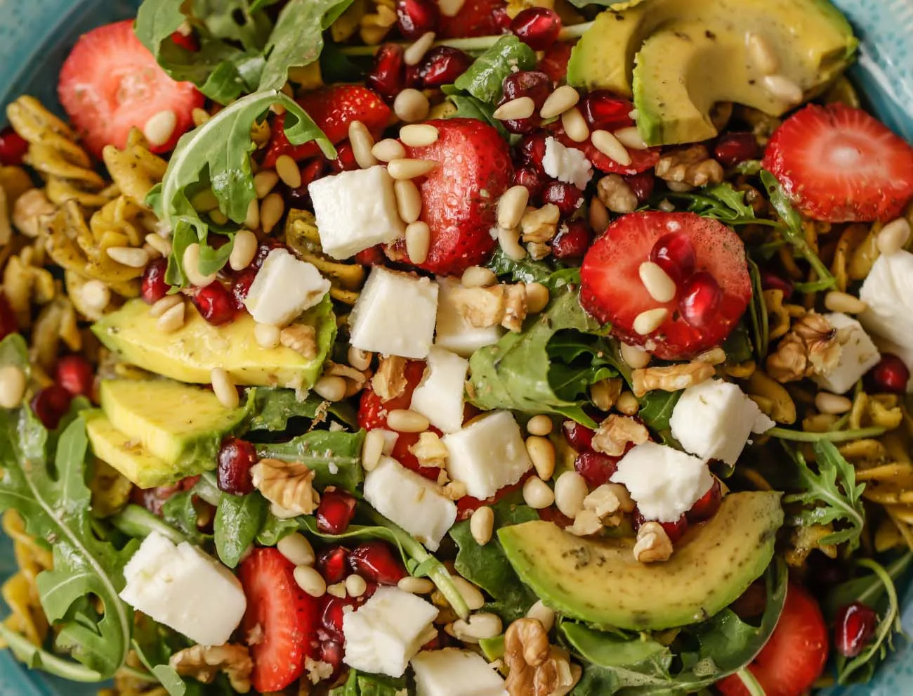 Strawberry Avocado Pesto Pasta Salad