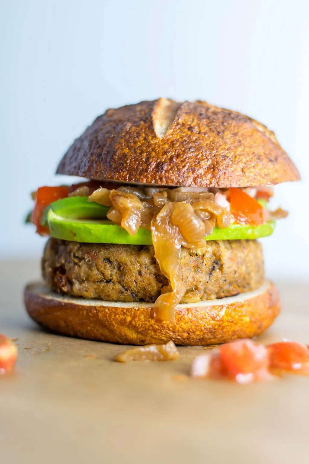 Stuffed Mediterranean Veggie Burgers with Greek Marinated Tomatoes