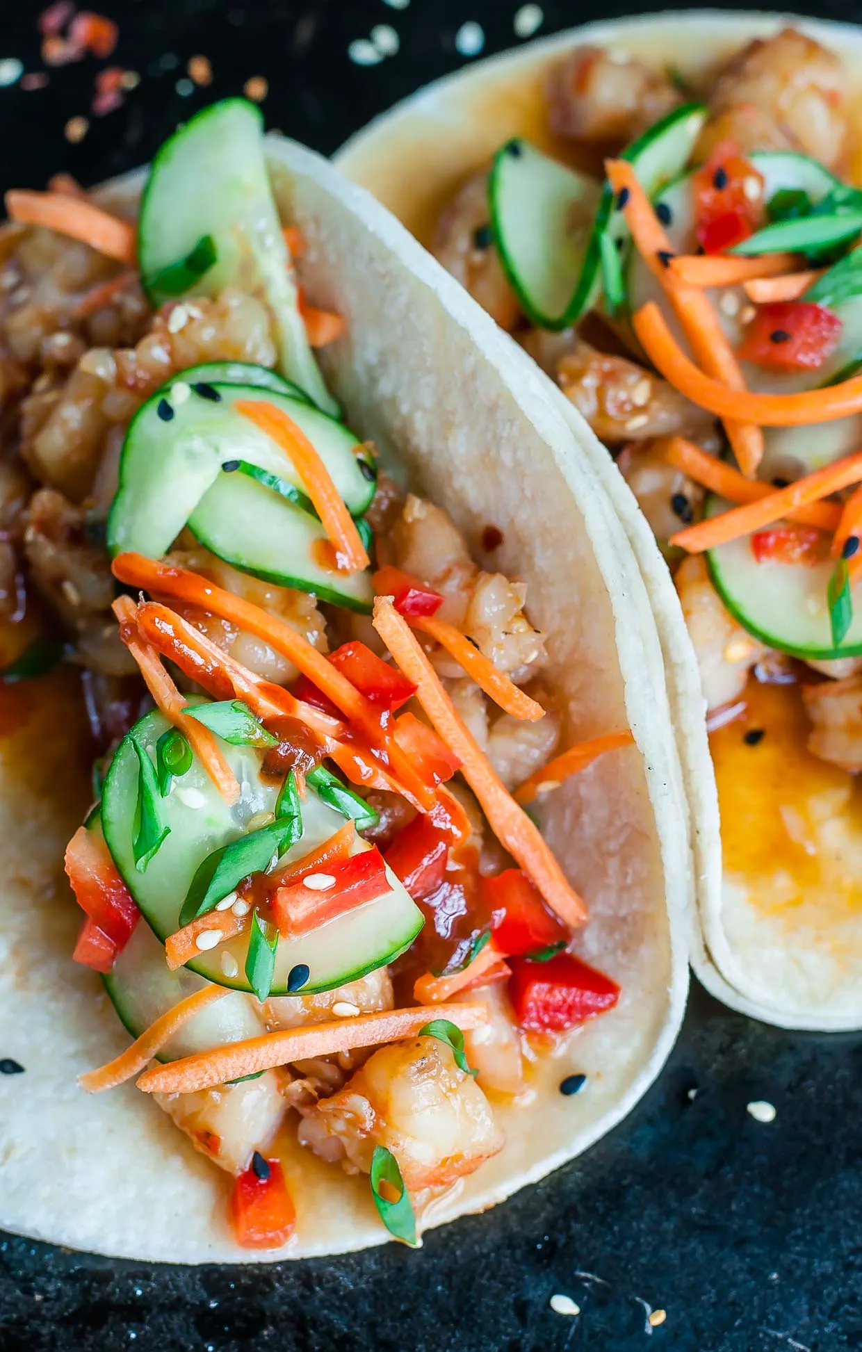 Szechuan Shrimp Tacos with Cool Cucumber Slaw