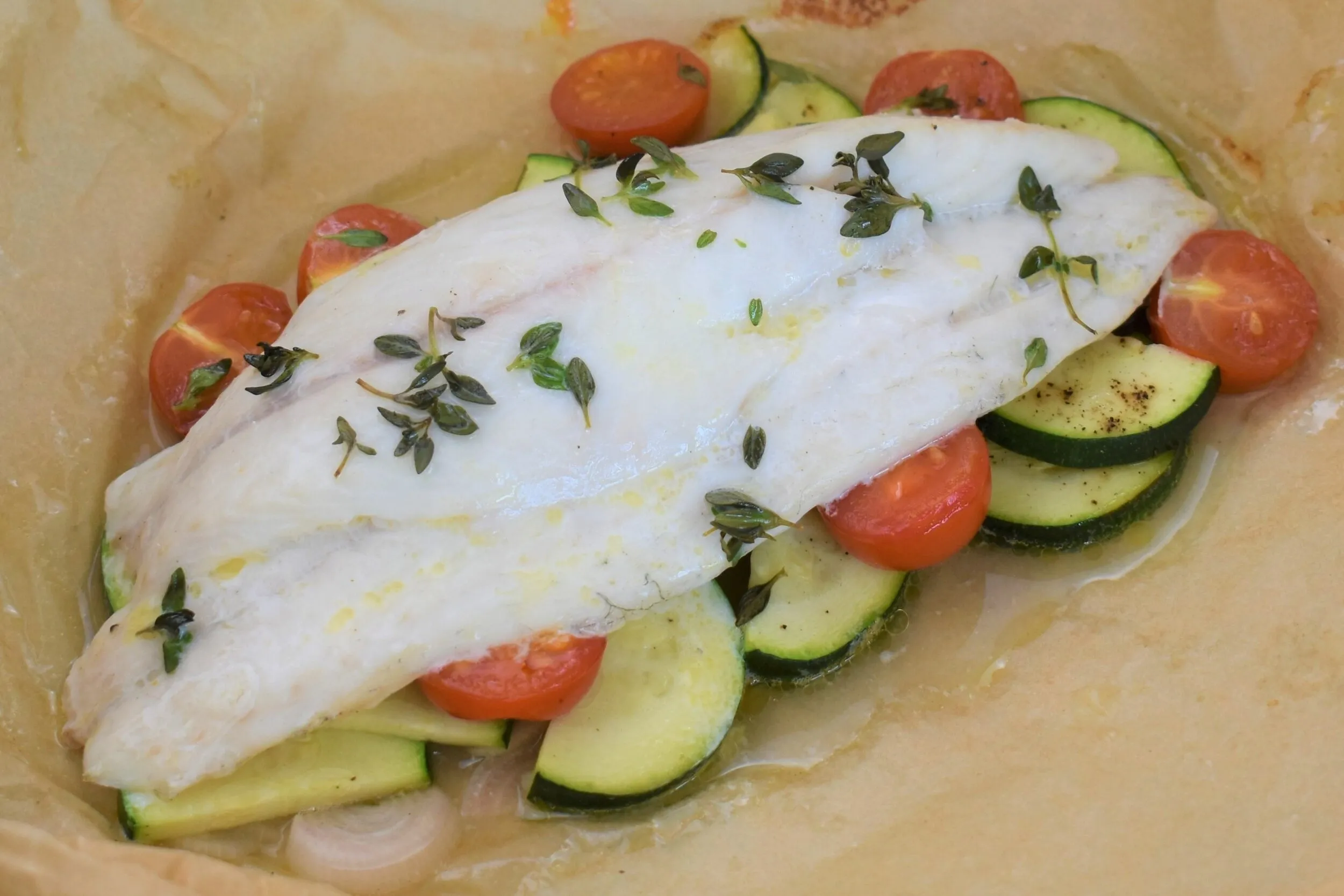 Thyme Chili Garlic and Lemon Seafood Parcels with Mixed Veggies